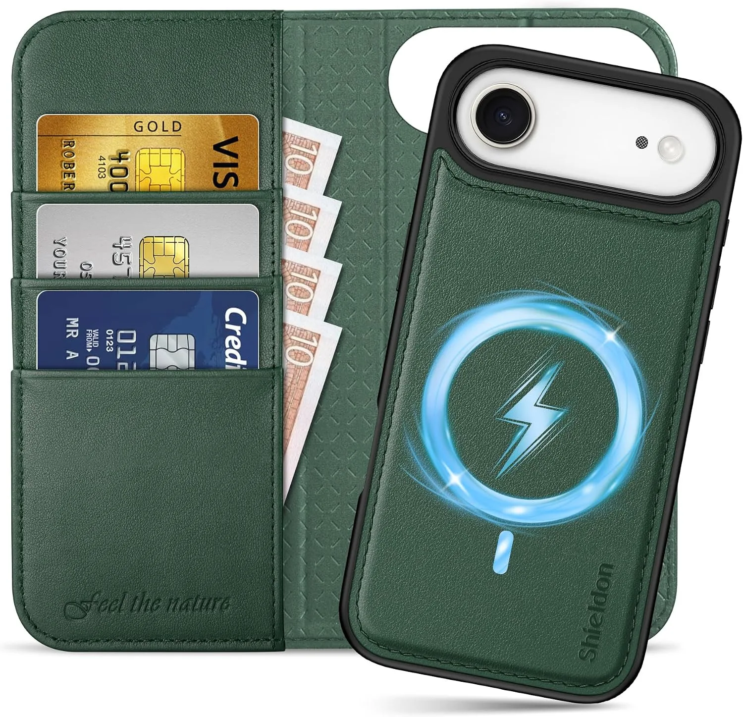 SHIELDON 2 in 1 Genuine Leather Wallet Case for iPhone Air 6.5", Evergreen