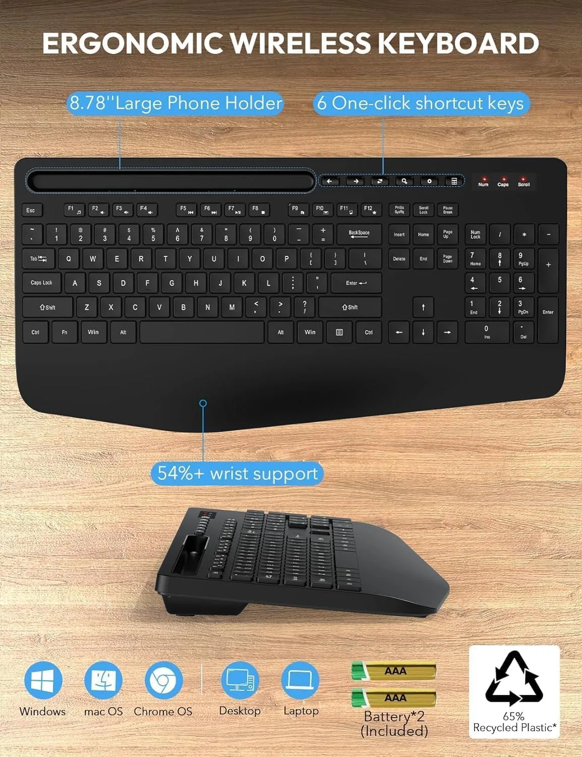 Wireless Keyboard and Mouse Combo, Full Size, Ergonomic Wrist Rest, 2.4GHz