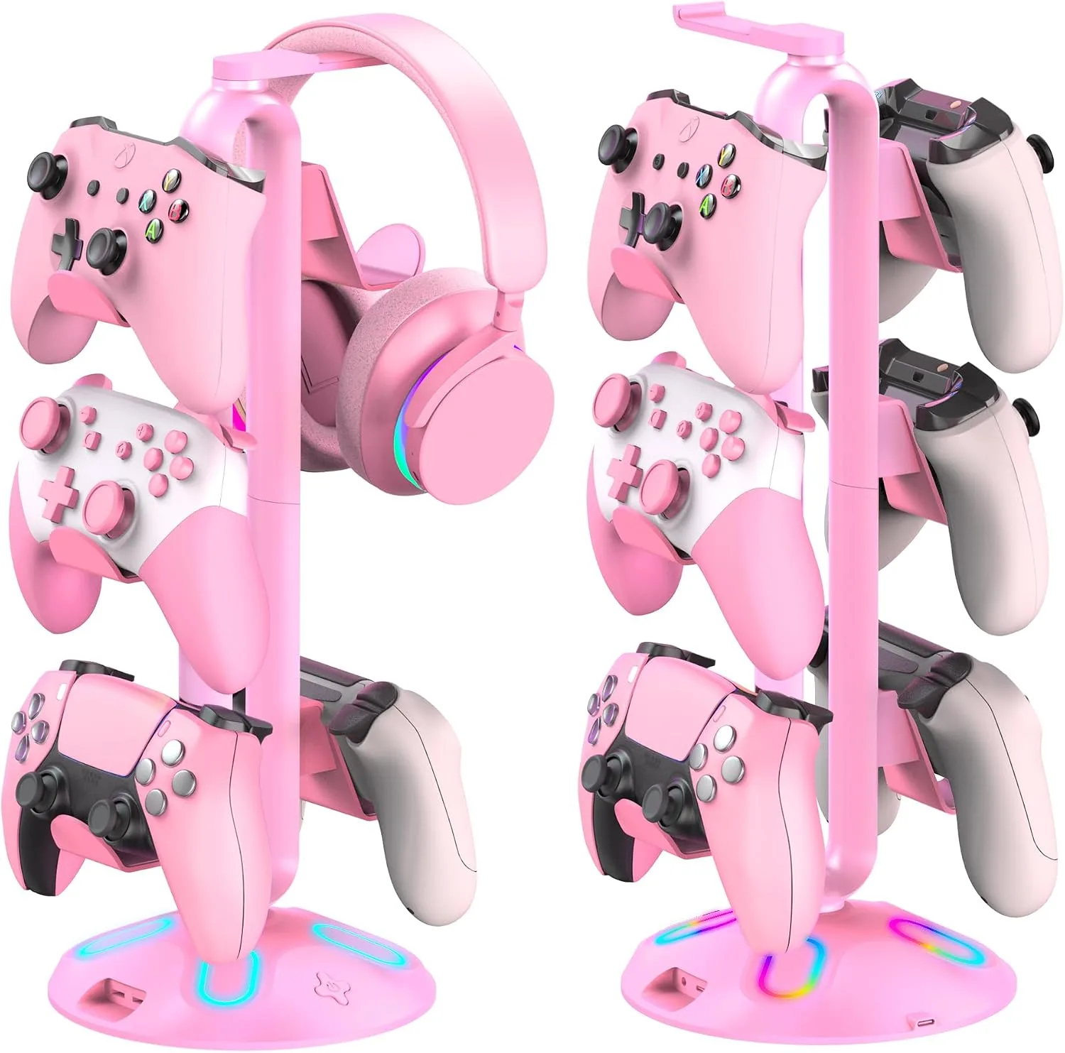 Gaming RGB Headphone Stand, Controller Holder with 9 Light Modes - Headset Stand with 2 USB Charging Ports and 3.5mm & Type-C - Controller Stand Hanger Accessories for Desk and Gamer(Pink)…