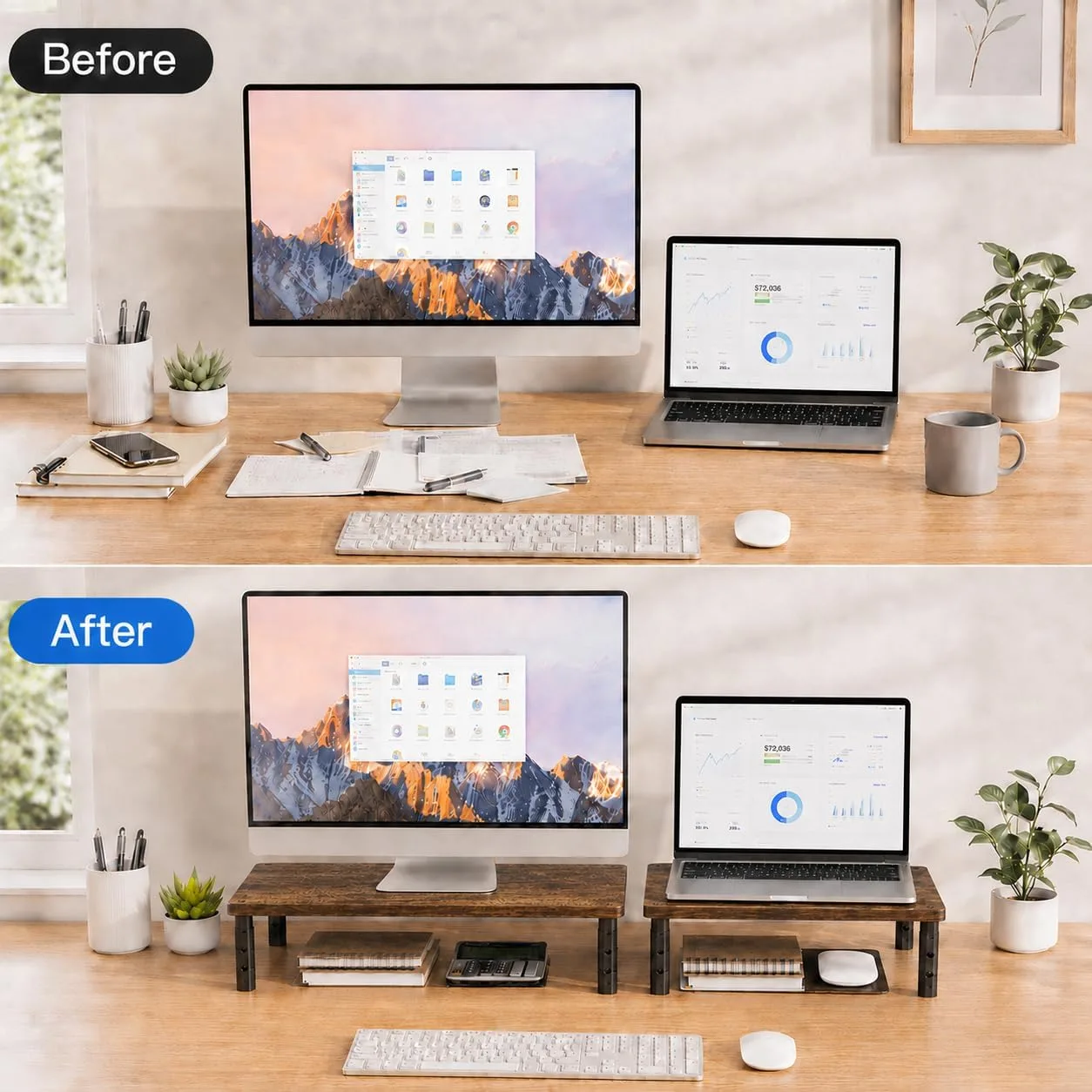 OPNICE Adjustable Monitor Stand Riser for Desk, Wood Computer & Laptop Stand, Desk Organizers and Accessories, Office Desk Accessories & Workspace Organizer for Home Office Supplies, Brown 2-Pack