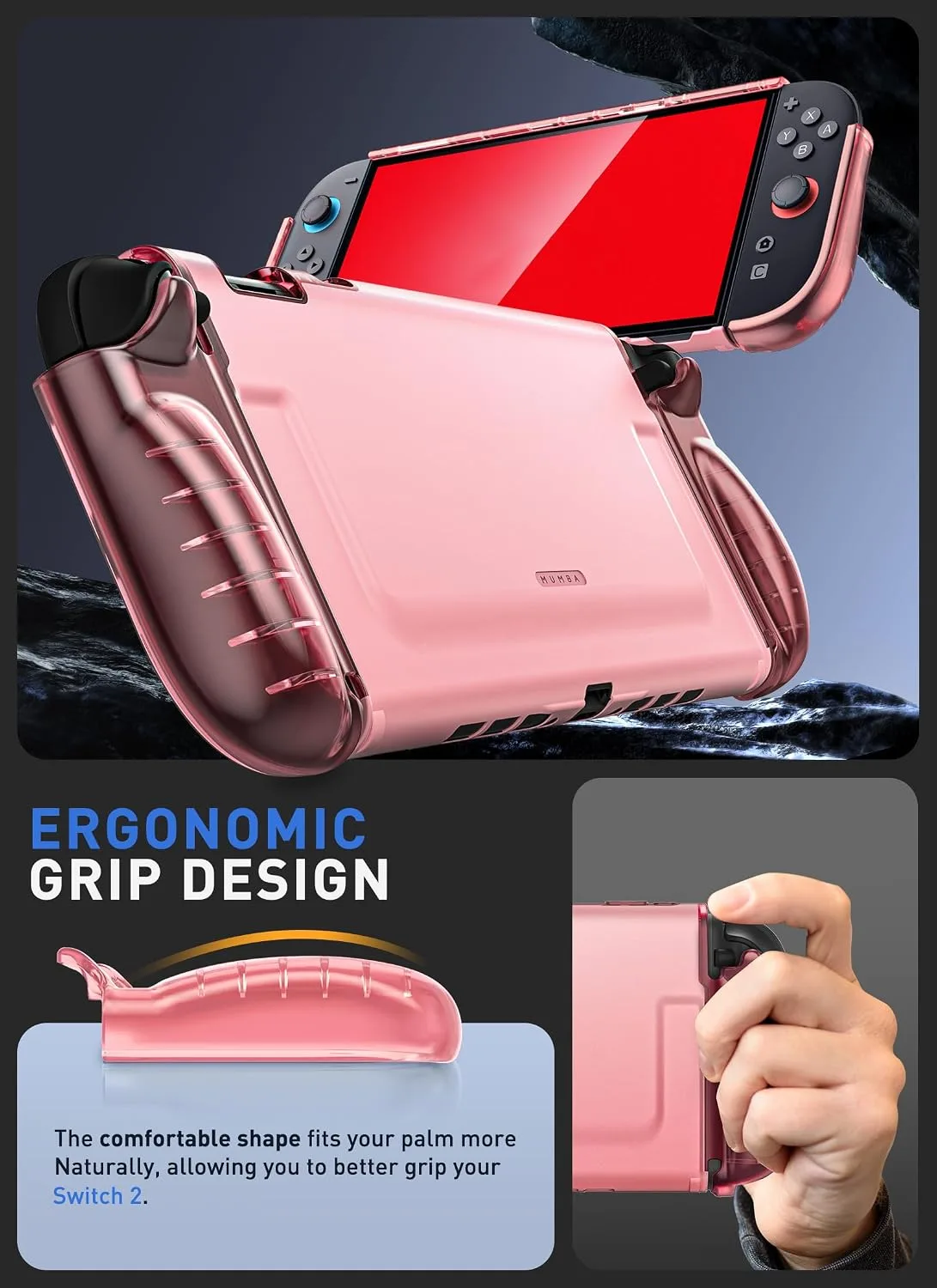 Mumba Dockable Clear Case for Nintendo Switch 2 2025, Crystal Protective Cover with Quick-Release Joy-Con Design and TPU Grip Compatible with New Nintendo Switch 2 7.9 Inch Console (Pink)
