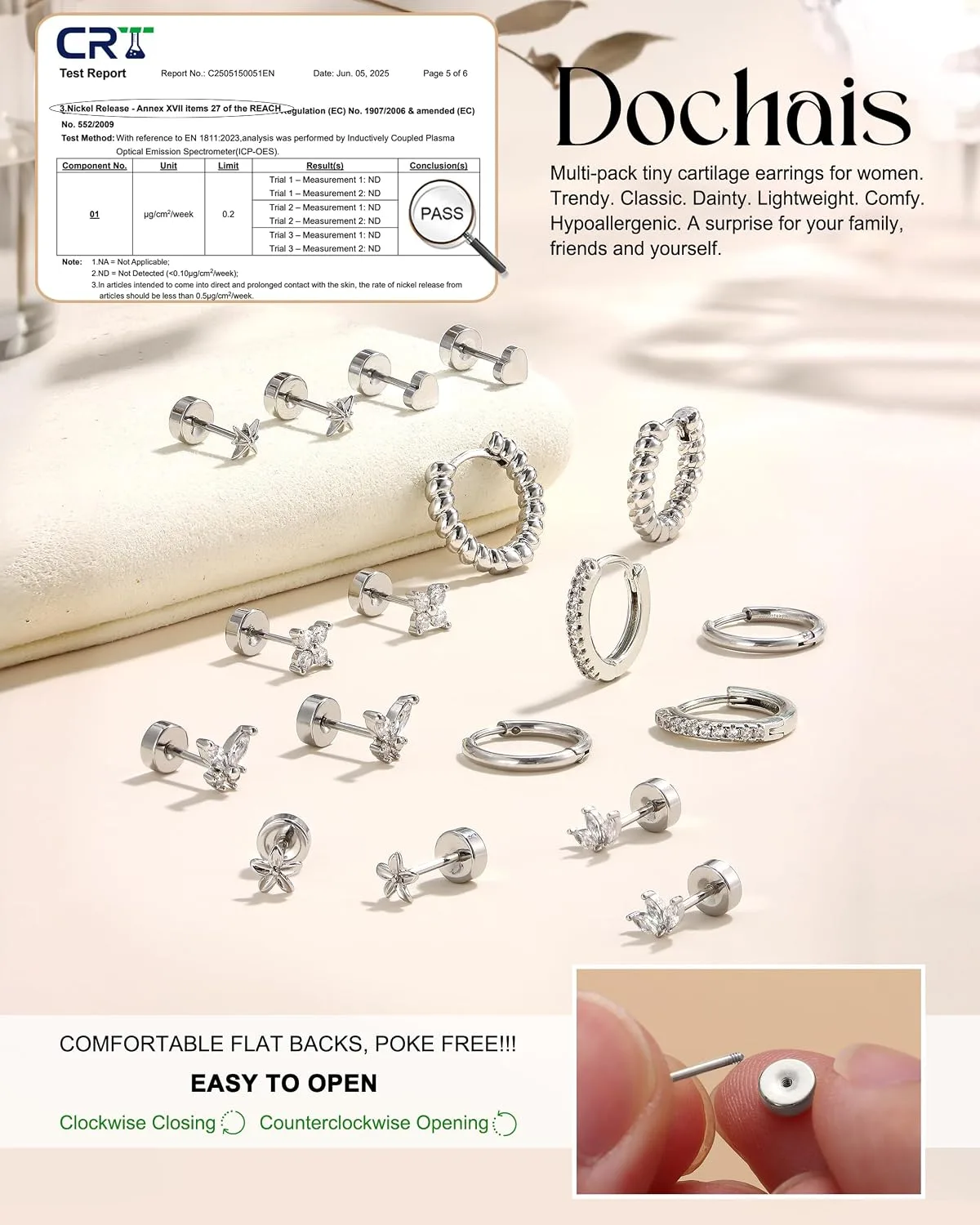 Dochais 14K Gold Plated Surgical Steel Earrings 9 Pairs Flat Back Earrings Small Cartilage Hoop Earring for Women Trendy Hypoallergenic Flatback Stud Stacks for Multiple Piercing Lightweight Jewelry