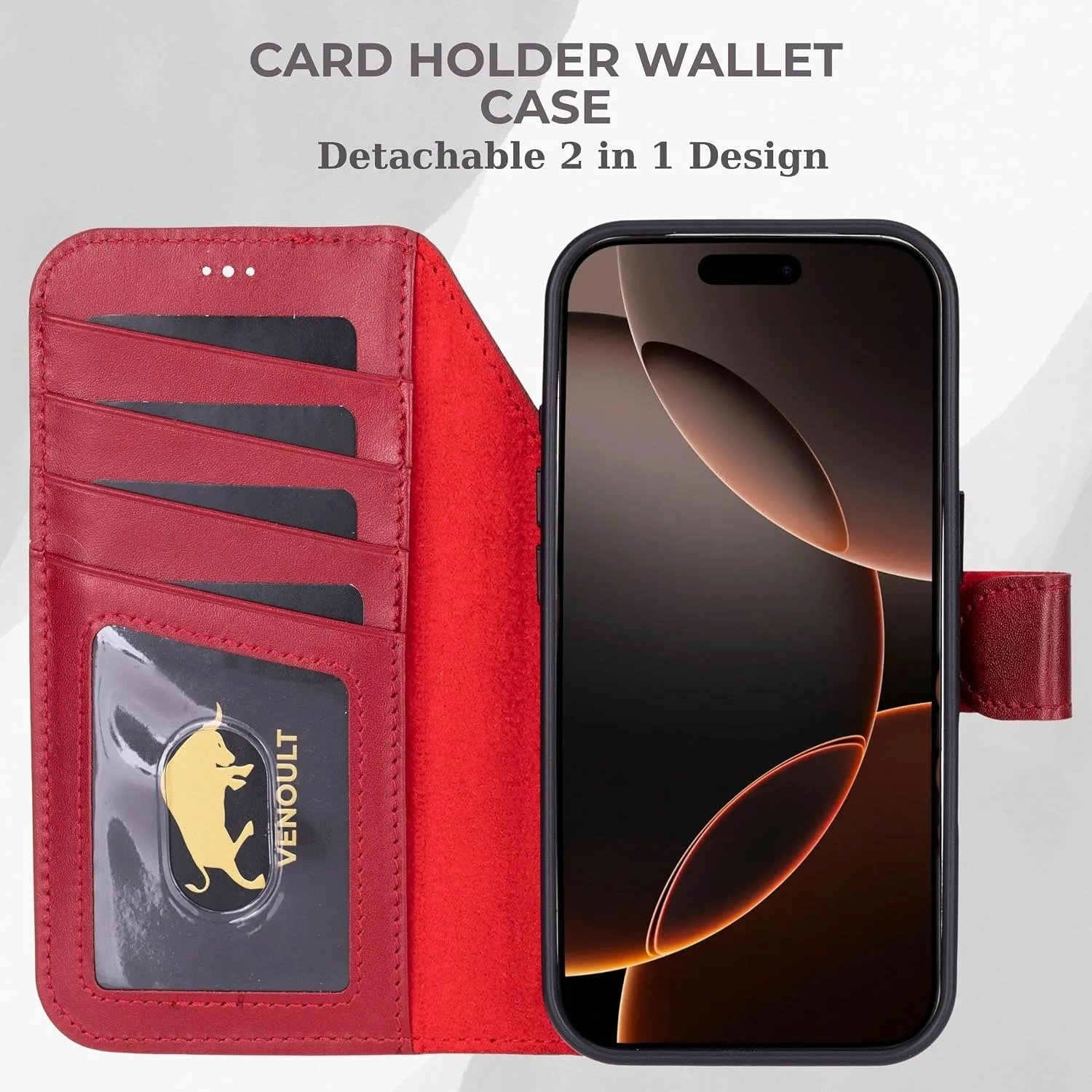 VENOULT Wallet Case for iPhone, Full Grain Genuine Turkish Leather, Magnetic Detachable, RFID 4 Card Slots, Business Style, Compatible with MagSafe (Cranberry, iPhone 16 Pro)