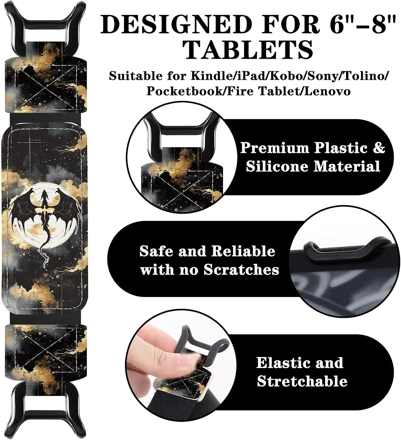 Hand Strap for Kindle, Fantasy Black Gold Dragon