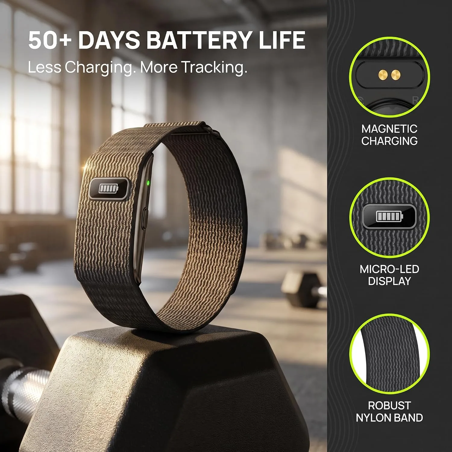 50+ Days Battery Life Fitness Tracker with Micro LED Display (Black)