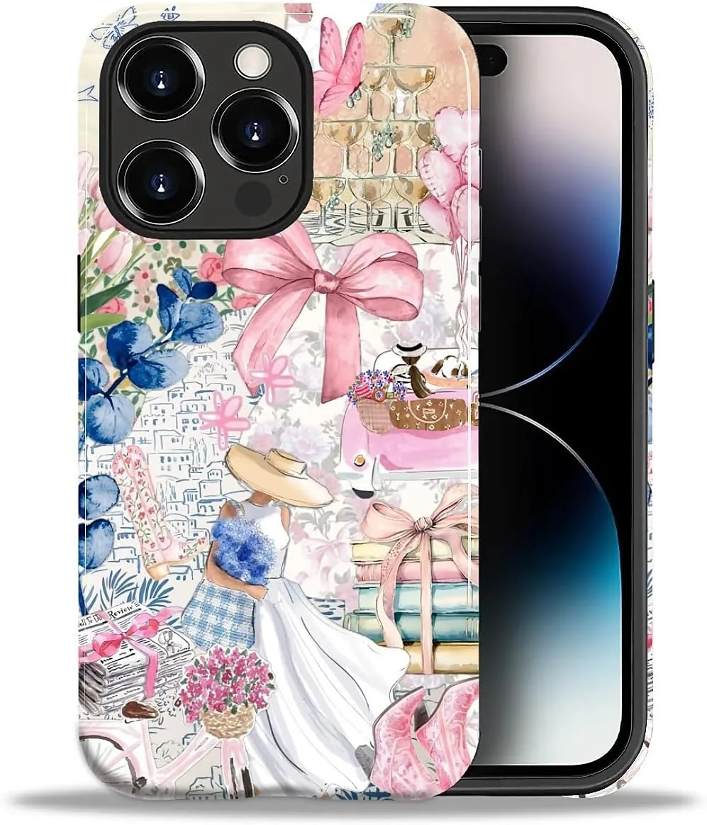 DAIZAG Case for iPhone 14 Pro Max,Mixed 2 Layer Design Shockproof Soft TPU Ddouble Protection Phone Case for iPhone 14 Pro Max-Magazine Books Flower Bow Collage