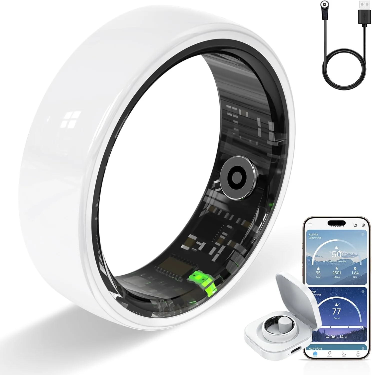 Smart Ring, Ceramics Fitness Tracker & Health Monitoring Ring with Heart Rate Sleep Tracking, Multi-Sport Activity Tracker, 5ATM Waterproof, iOS Android Compatible (White, 9)