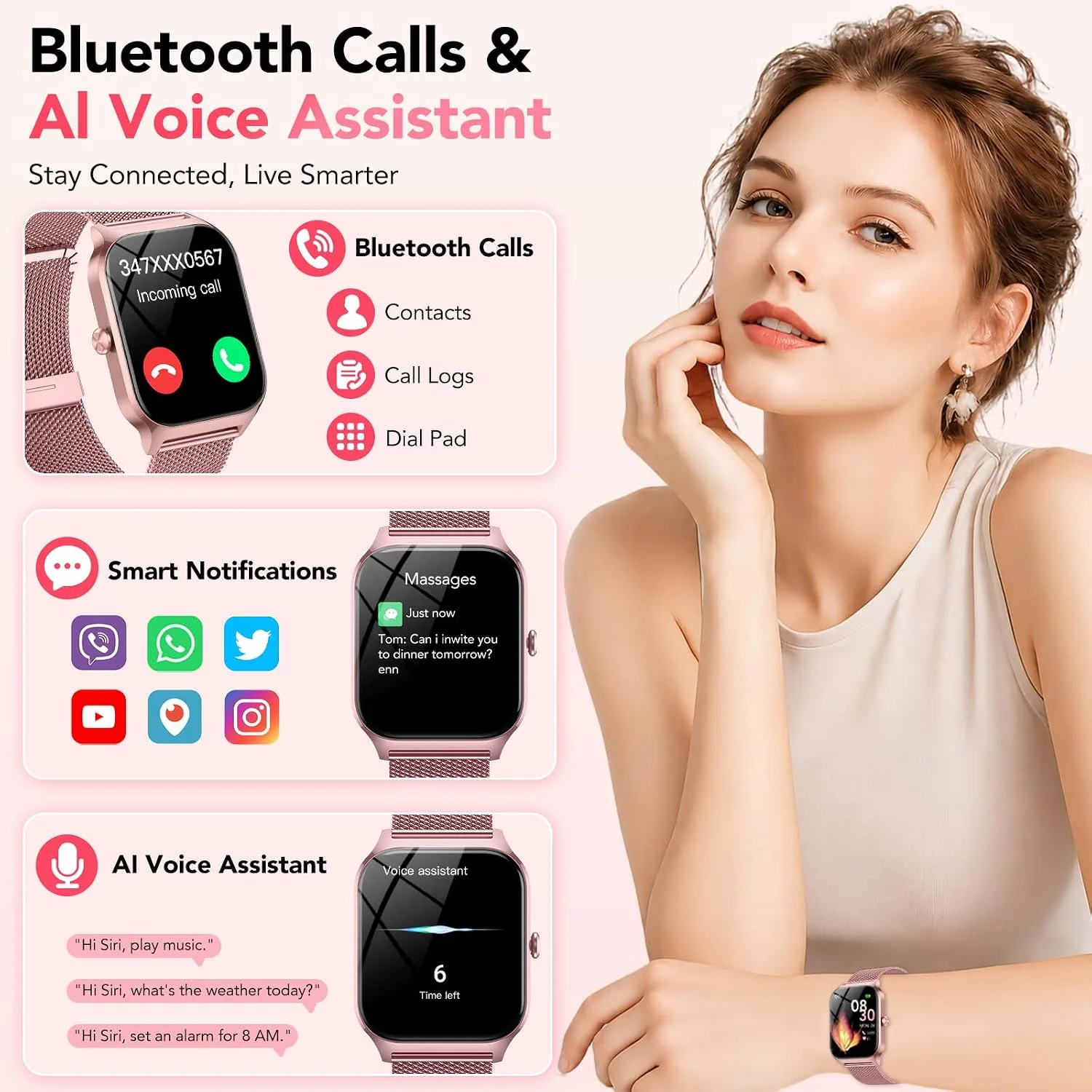 Smart Watch for Women, Answer/Make Call/AI Voice,1.85"HD Smartwatch for iPhone/Android,120+ Sport Modes Fitness Tracker with Heart Rate Stress Sleep Monitor Women's Menstrual Cycle, IP68 (2 Bands)