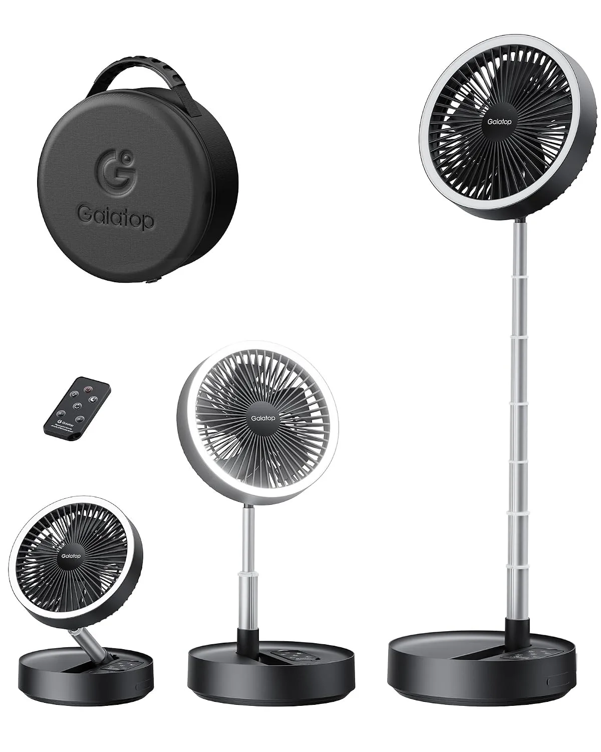 Gaiatop Portable Pedestal Fan 16000mAh Battery [Max 74h Runtime], Foldable Oscillating Standing Fan, Collapsible Desk Fans, LED Light, Case & Remote Control 4 Speeds for Outdoor Travel Camping (Black)