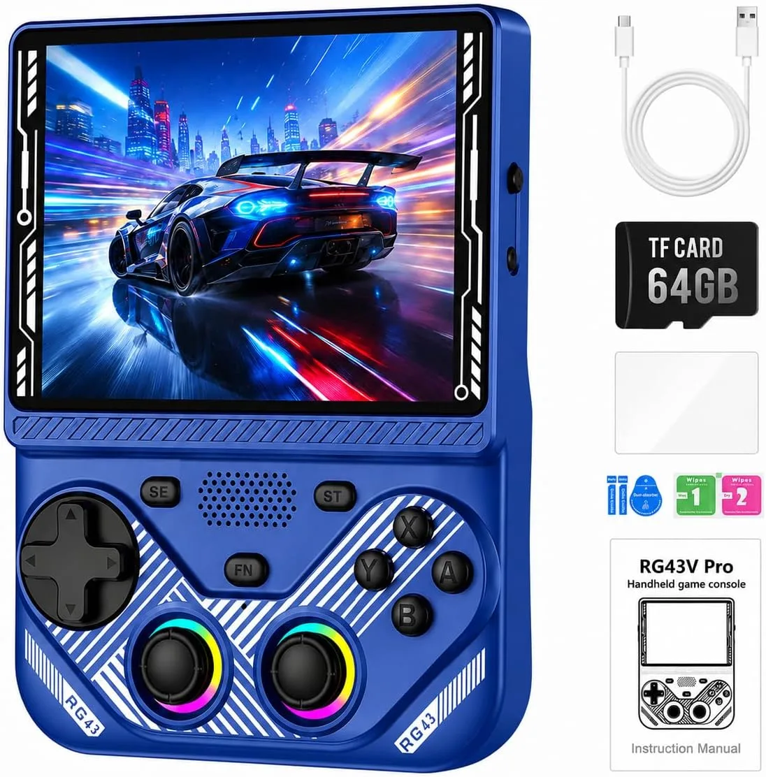 RG43V Pro Retro Handheld Game Console, 4.3" IPS HD Screen, RK3562 Quad-Core Processor, 64GB Support 30+ Emulators & 22000+ Games, WiFi 6 Multiplayer, HDMI Output (Blue 64GB)