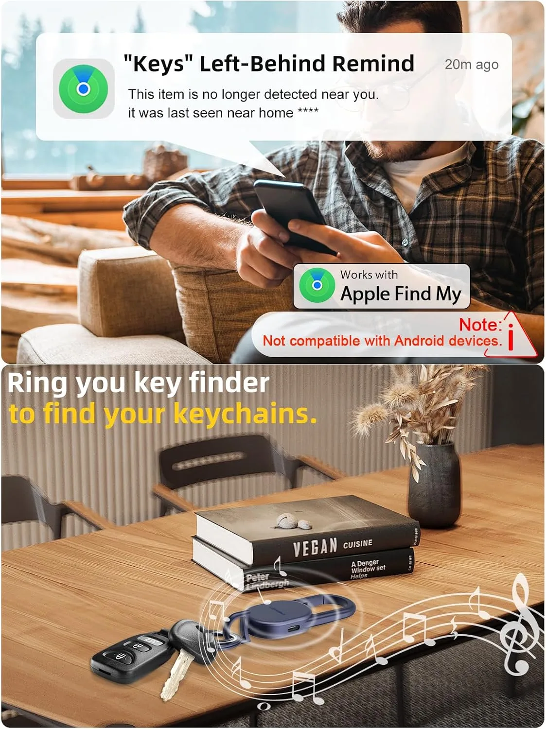 Find My Key Finder, Stainless Steel Keychain, Rechargeable Tracker