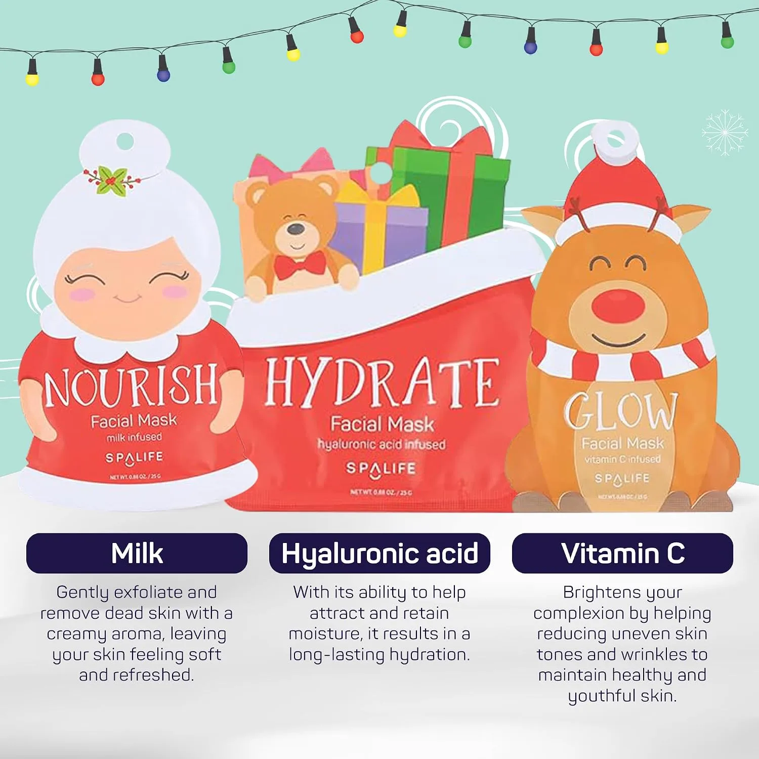 SpaLife Beauty Santa’s Squad Christmas Face Mask Bundle | Korean Facial Masks | Hydrating, Soothing, Complexion Enhancing and Firming Sheet Mask Set | Christmas Gifts for Women | 12 Pack