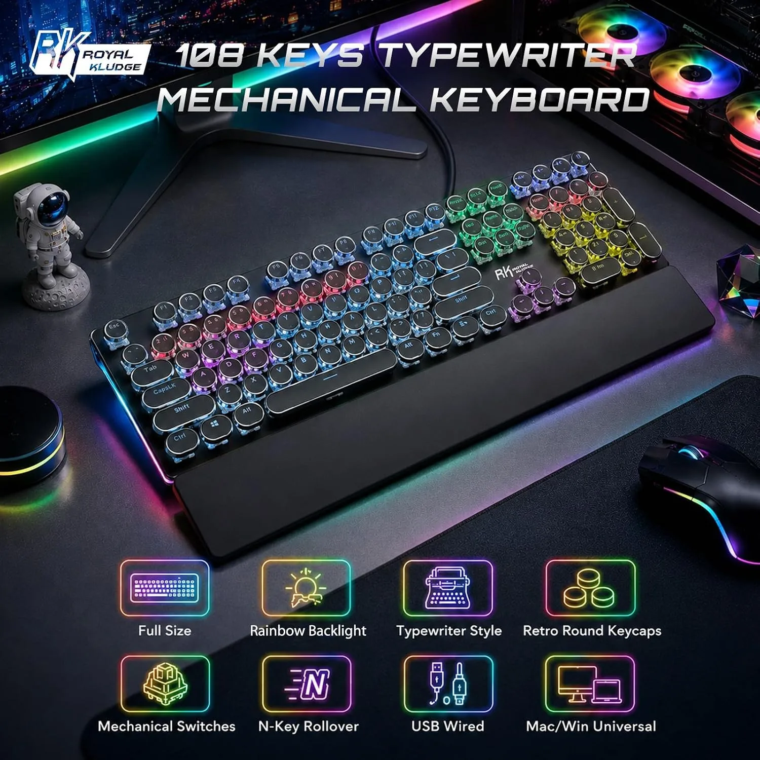 RK ROYAL KLUDGE S108 Typewriter Mechanical Keyboard, Wired Gaming Keyboard with Number Pad, Full Size Retro Keyboards w/Detachable Wrist Rest for Mac/Win/PC, Clicky Blue Switch, Rainbow Backlit Black