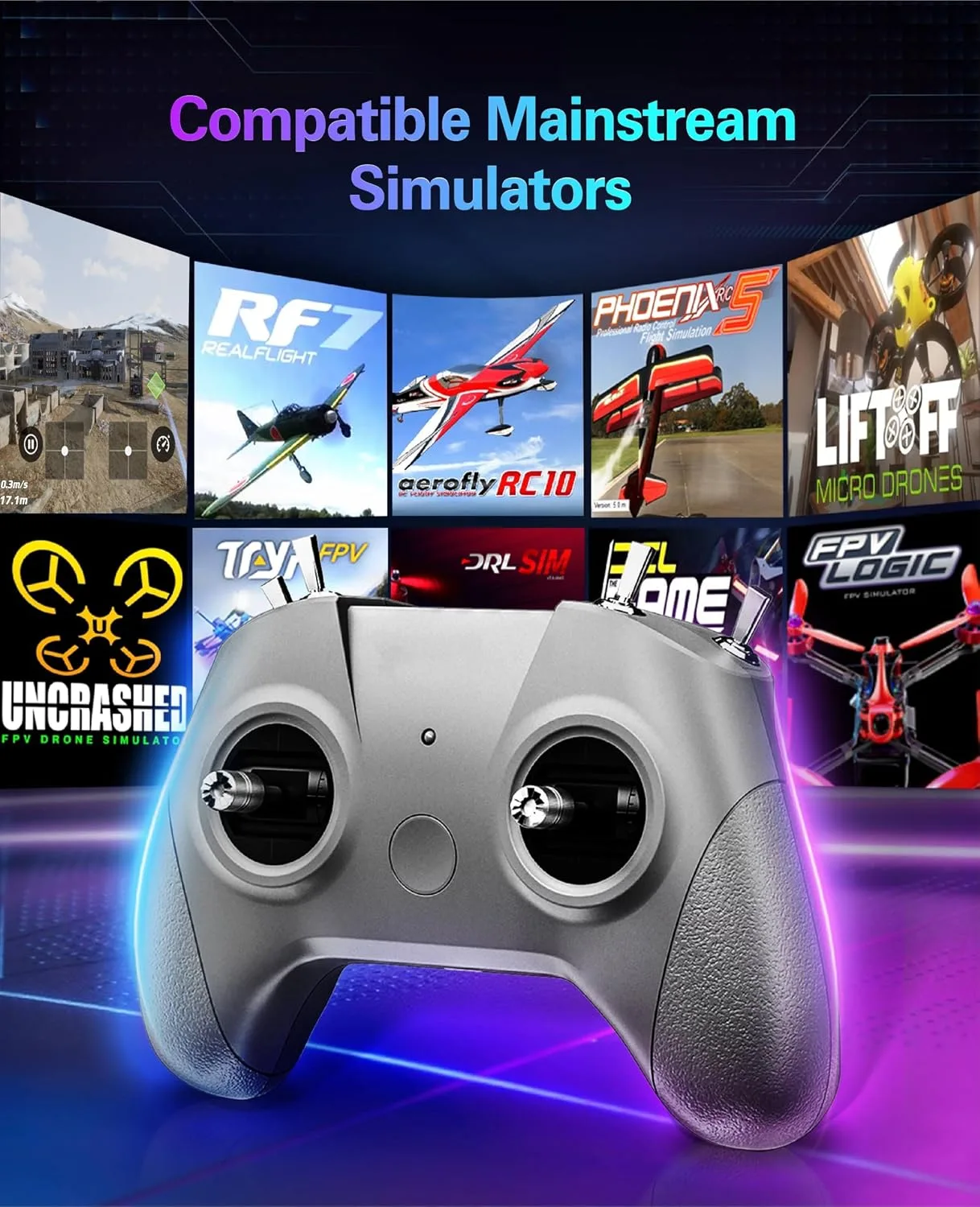 FLYDrone S8 Pro FPV Simulator Controller for Windows PC, USB-C Drone Flight Simulator Joystick, 8-Channel Mode 2 RC Training Remote with Non-Centering Throttle for Liftoff/DRL/Uncrashed, Grey (Grey)