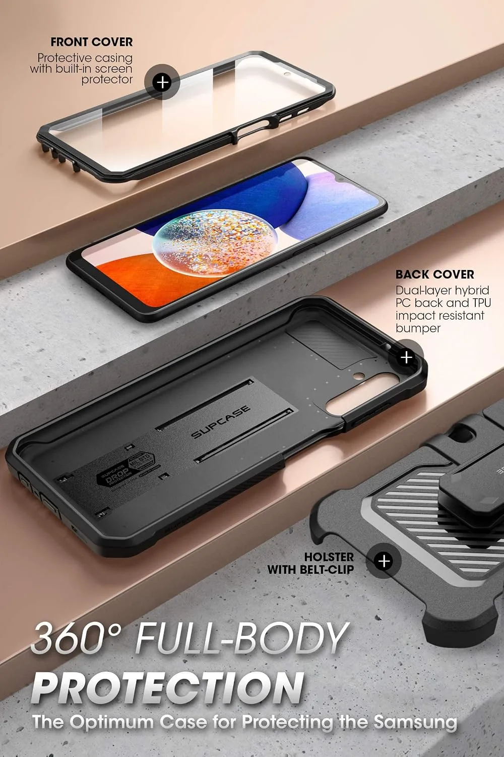 SUPCASE for Samsung Galaxy A14 5G Case with Screen Protector, Black
