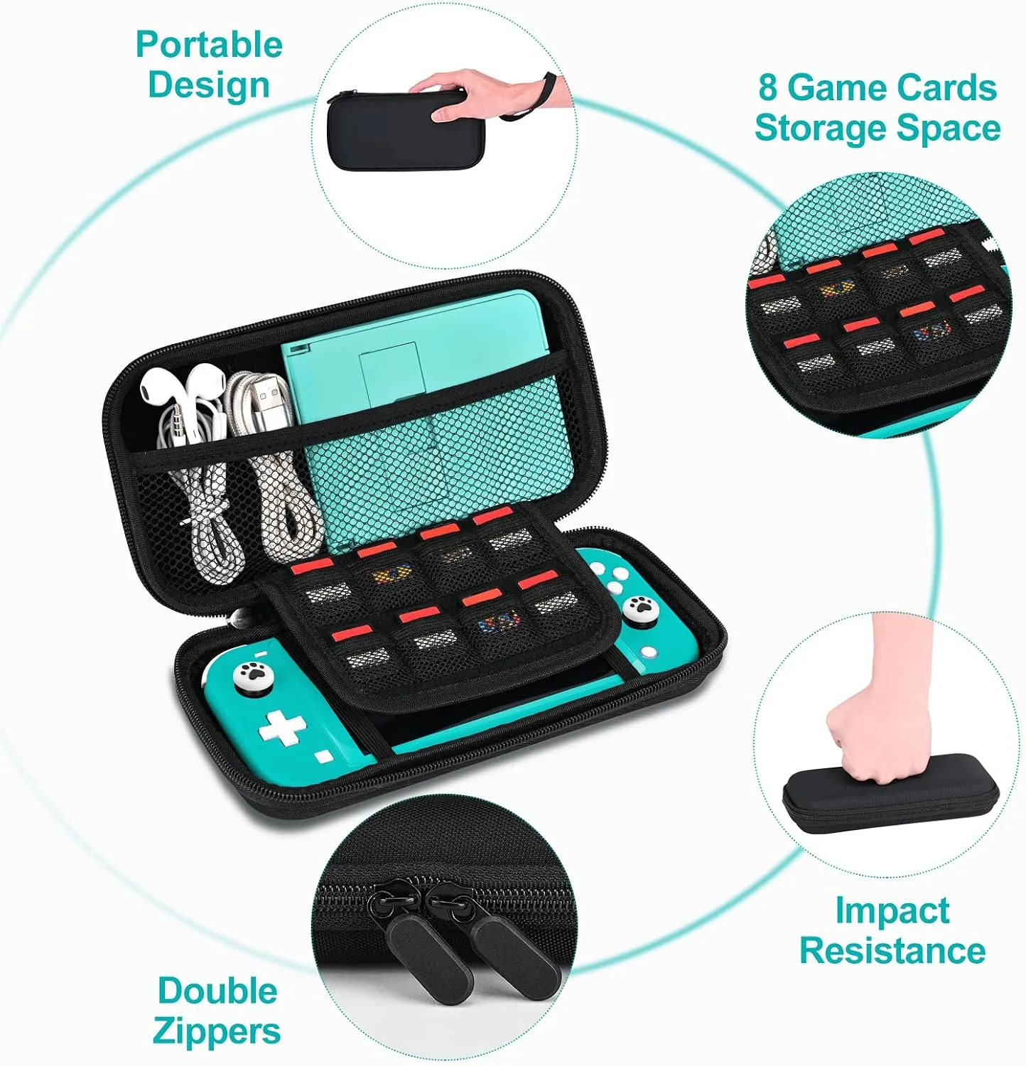 innoAura Switch Lite Case 12-in-1 Accessories Bundle for NS Switch Lite (2019), with Protective Carrying Case, Hand Strap, Screen Protector & Cute Thumb Grips, Black