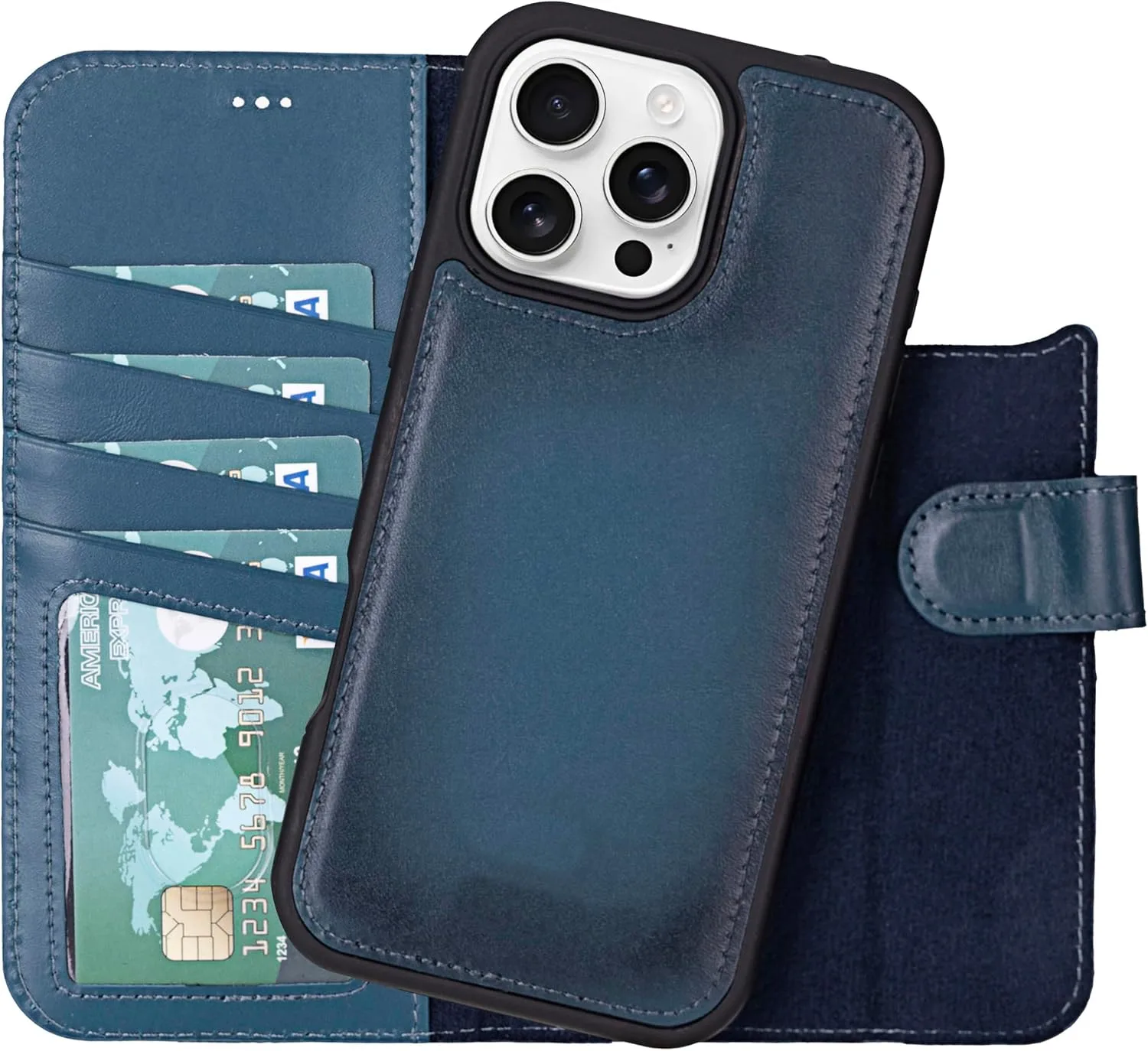 VENOULT Wallet Case for iPhone, Full Grain Genuine Turkish Leather, Magnetic Detachable, RFID 4 Card Slots, Business Style, Compatible with MagSafe (Admiral Blue, iPhone 16 Pro)