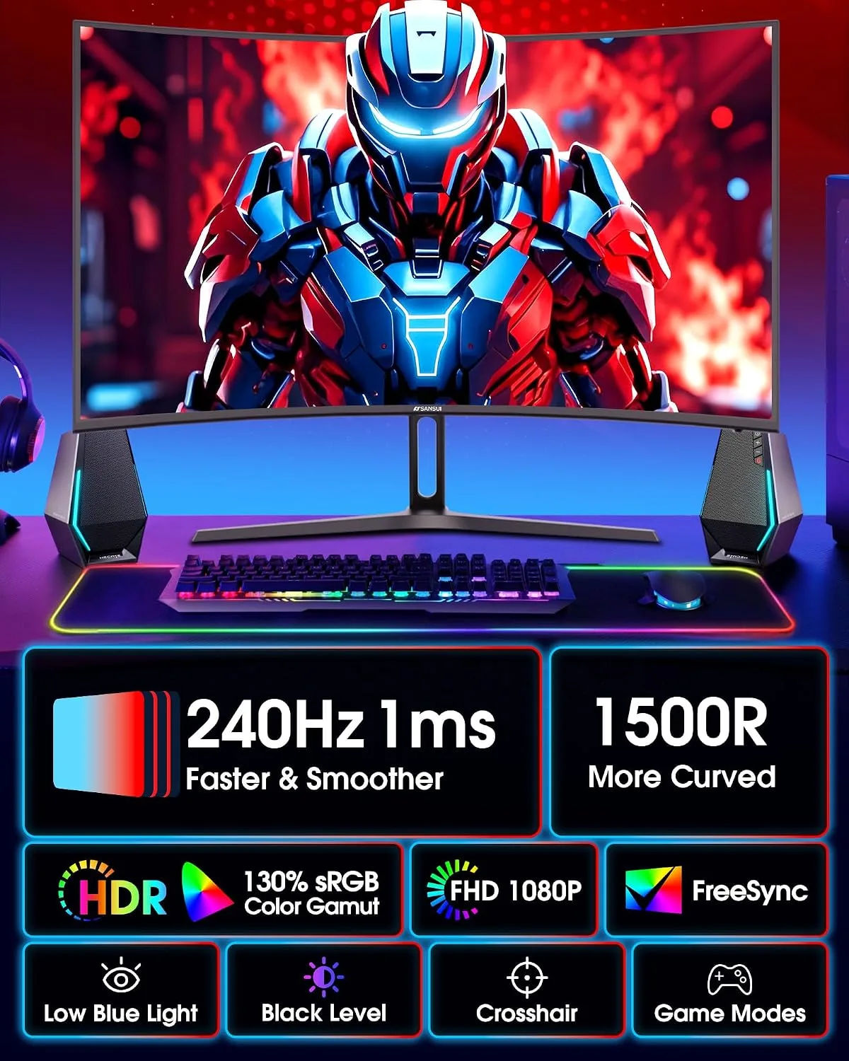 SANSUI 27 Inch Curved 240Hz Gaming Monitor FHD 1080P, 1500R Curve Computer Monitor, 130% sRGB, 4000:1 Contrast, HDR, FreeSync, MPRT 1Ms, Low Blue Light, HDMI DP Ports, Metal Stand, Cable Incl.