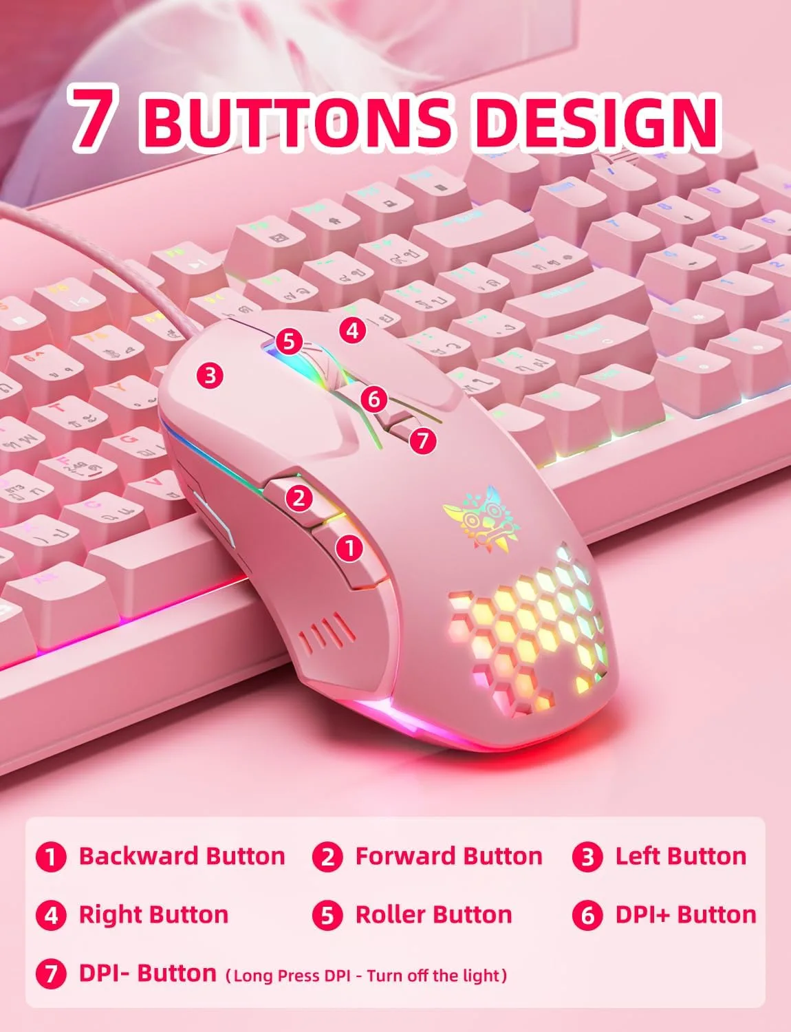 Wired PC Gaming Mouse: High Precision Sensor,RGB Backlit, Adjustable DPI, 7 Buttons Programmable,Ergonomic mice for Office & Gaming on Windows/Mac/Linux/Chrome- Pink