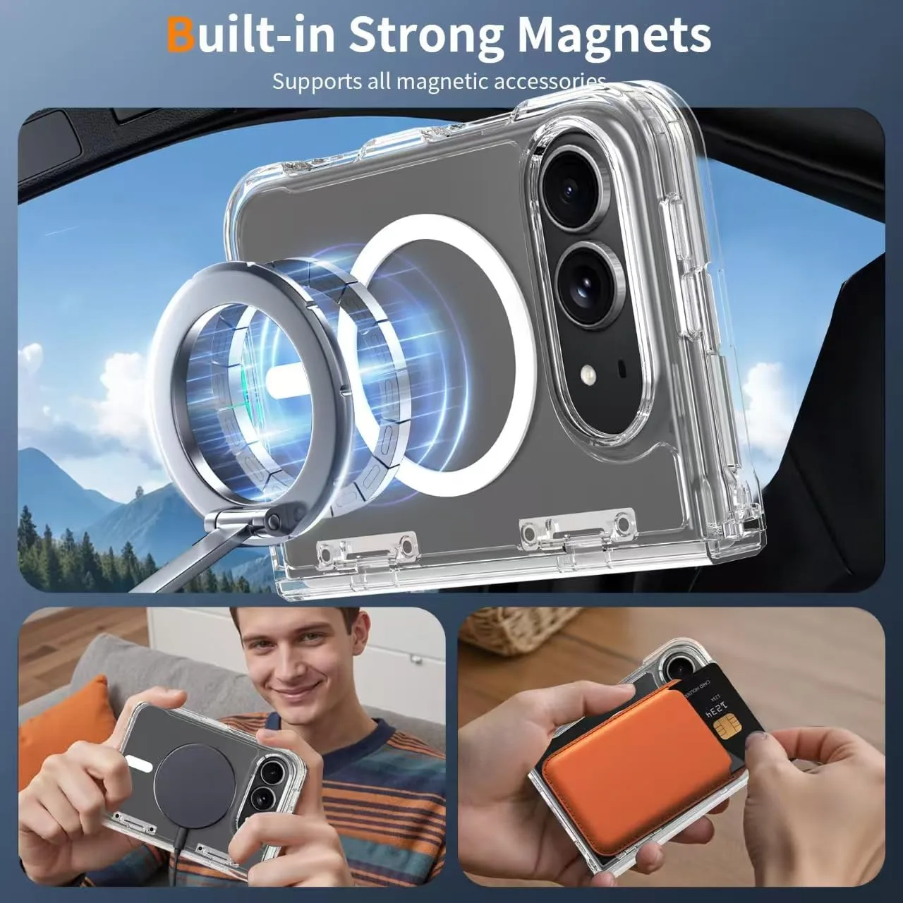for iPhone Duo Case Compatible with MagSafe, Bulit-in Screen Protector & Spring Hinge Protection, Ultra Strong Magnetic 360° Protection Anti-Yellowing Crystal Clear Phone Cover for Apple iPhone Duo
