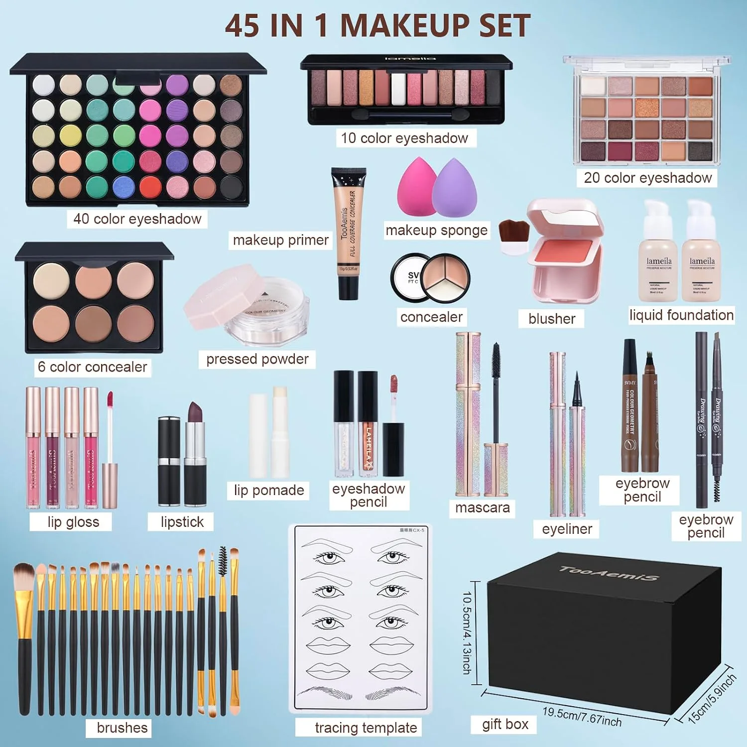 All in One Makeup Kit Makeup Kit for Women Full Kit Multipurpose Makeup ，eyeshadow、 liquid foundation,Loose powder,Eyebrow pencil,4-color lip gloss set