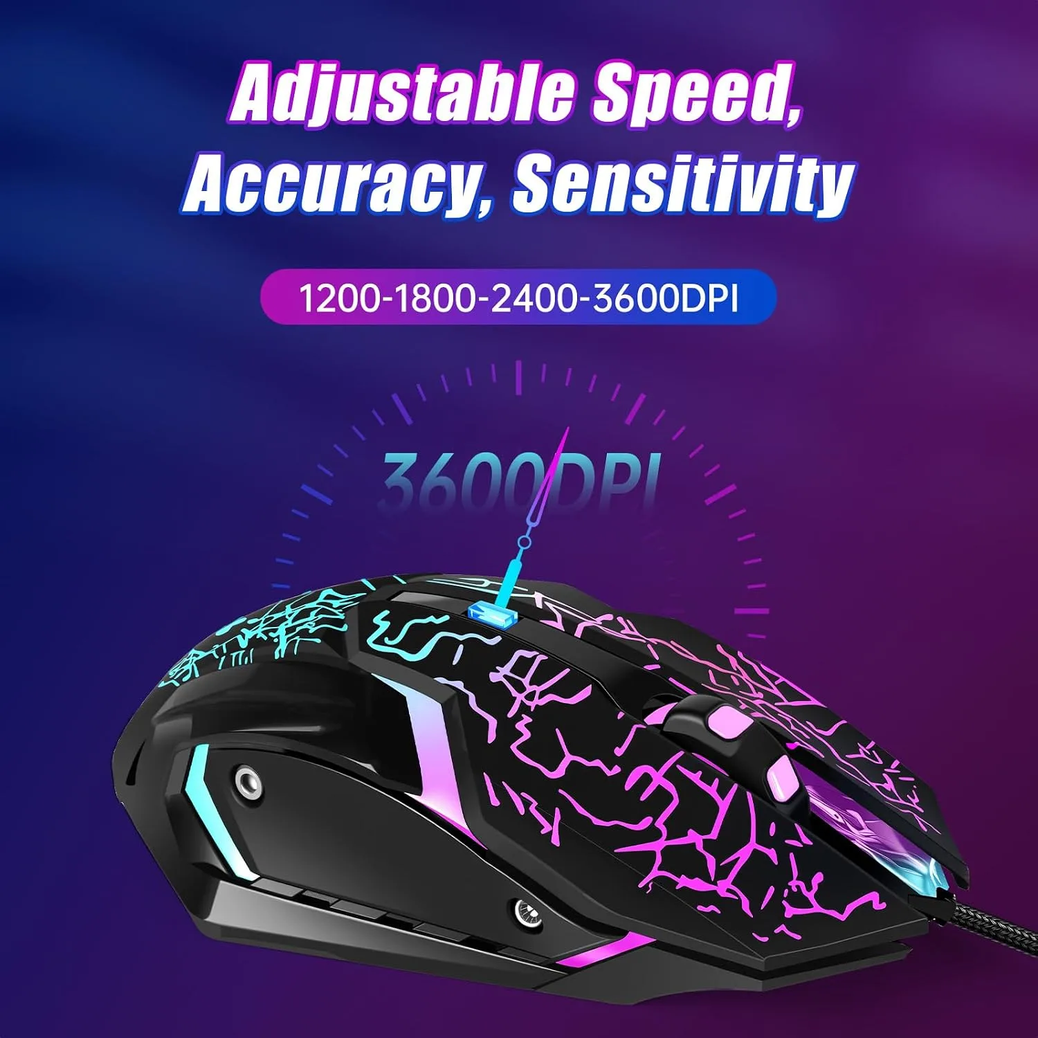 Wired Gaming Mouse,Ergonomic Optical Gaming Mice with 7 Color LED Backlight, 4 DPI Settings Up to 3600 DPI Computer Wired USB Mouse for Laptop/mac, 6 Buttons, Black