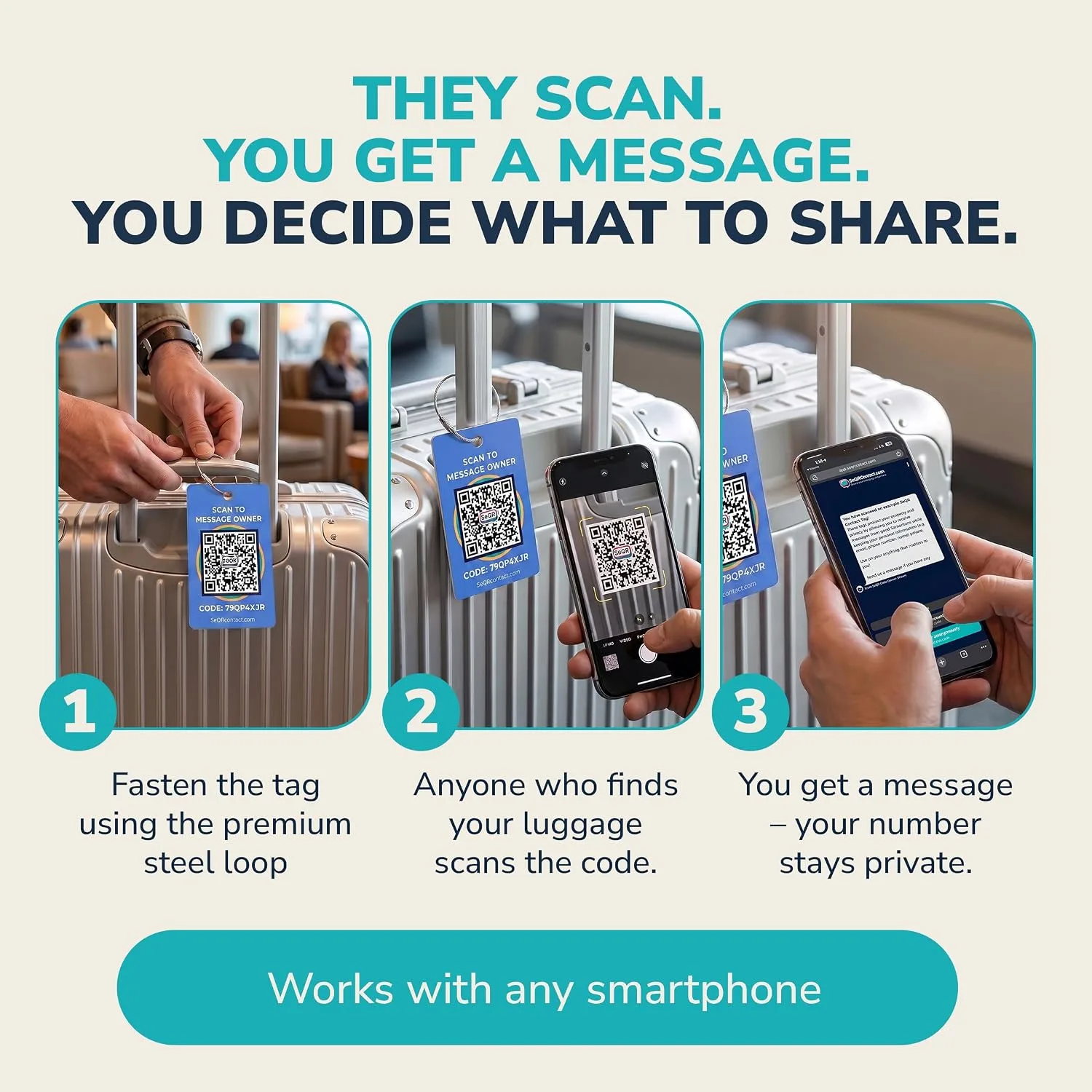 Smart Luggage Tag - Privacy QR Code Tags for Travel Suitcases, 2 Pack Blue