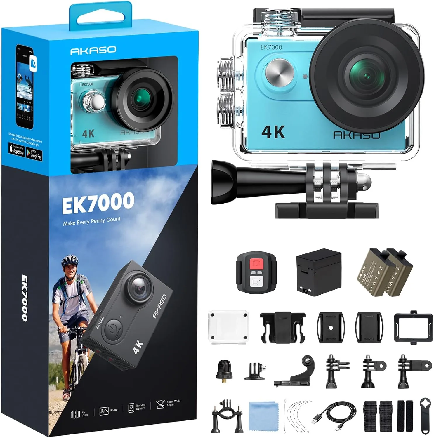 AKASO EK7000 4K30FPS 20MP WiFi Action Camera with EIS Ultra HD 131FT Waterproof Underwater Camera Remote Control 4X Zoom Support External Microphone Blue