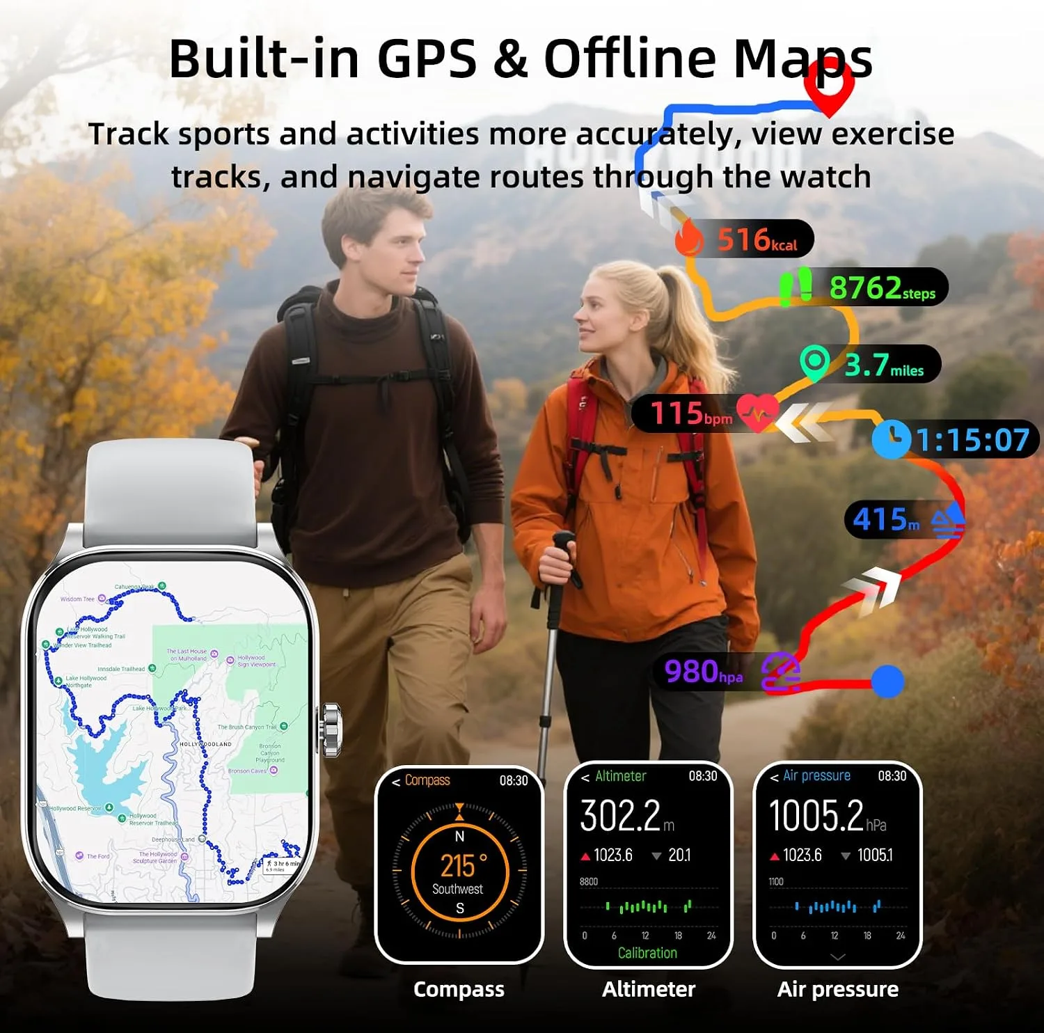 Smart Watch, GPS & Free Maps, 1.96" HD Screen, AI, Bluetooth Call & Text