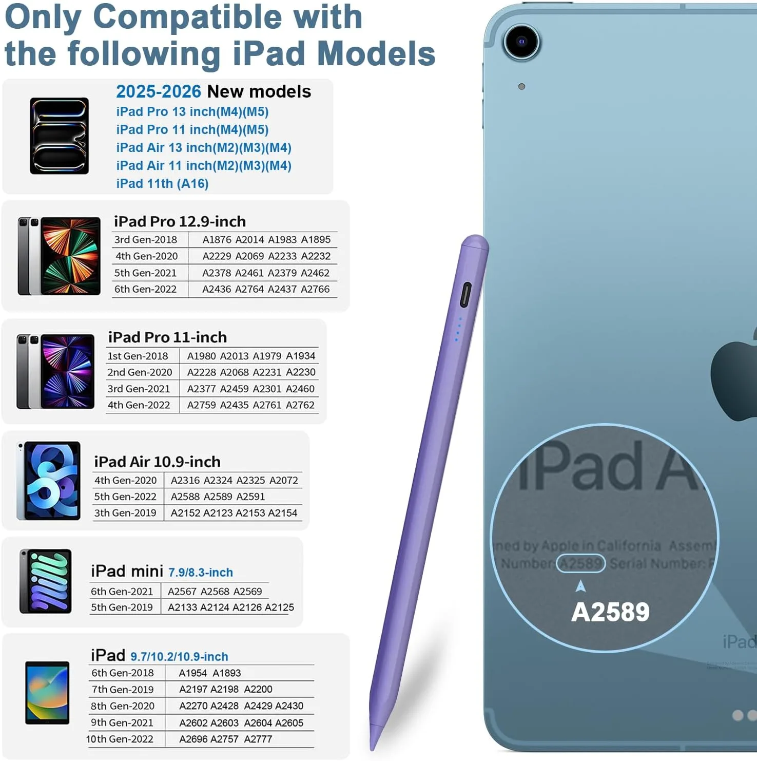 DOGAIN A8 Stylus Pen for iPad 2018-2026, Fast Charge, Palm Rejection-Purple