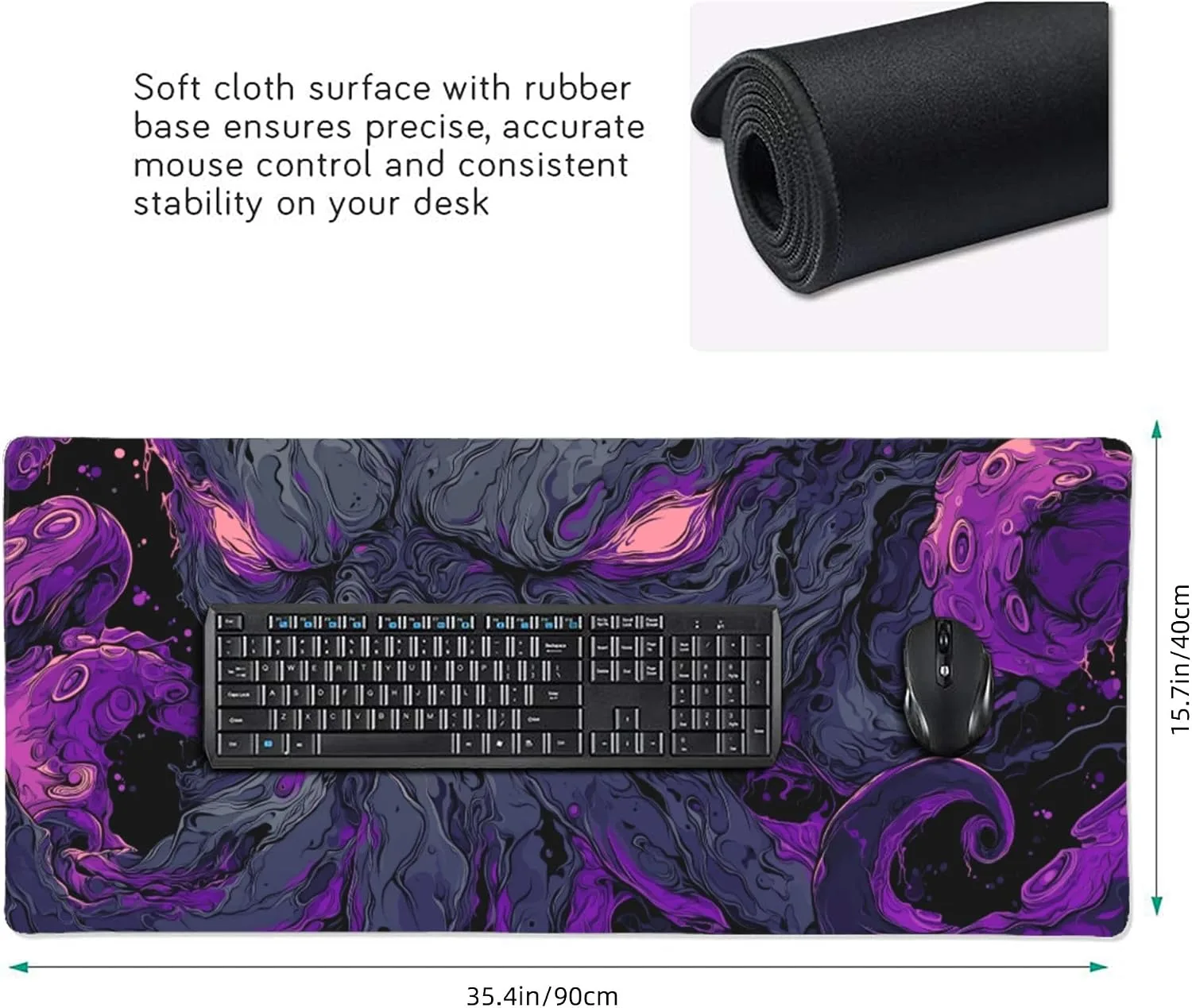 Large Gaming Mouse Pad with Purple Octopus Abstract Art Design, 35.4" x 15.7", for Gaming, Office and Travel