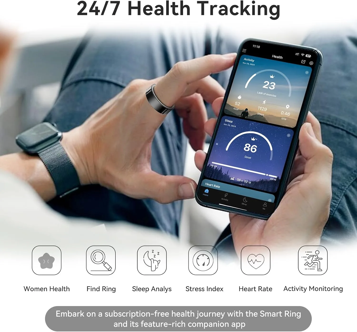 Smart Ring Health Tracker with Gesture Control & Charging Case (Silver, 9)