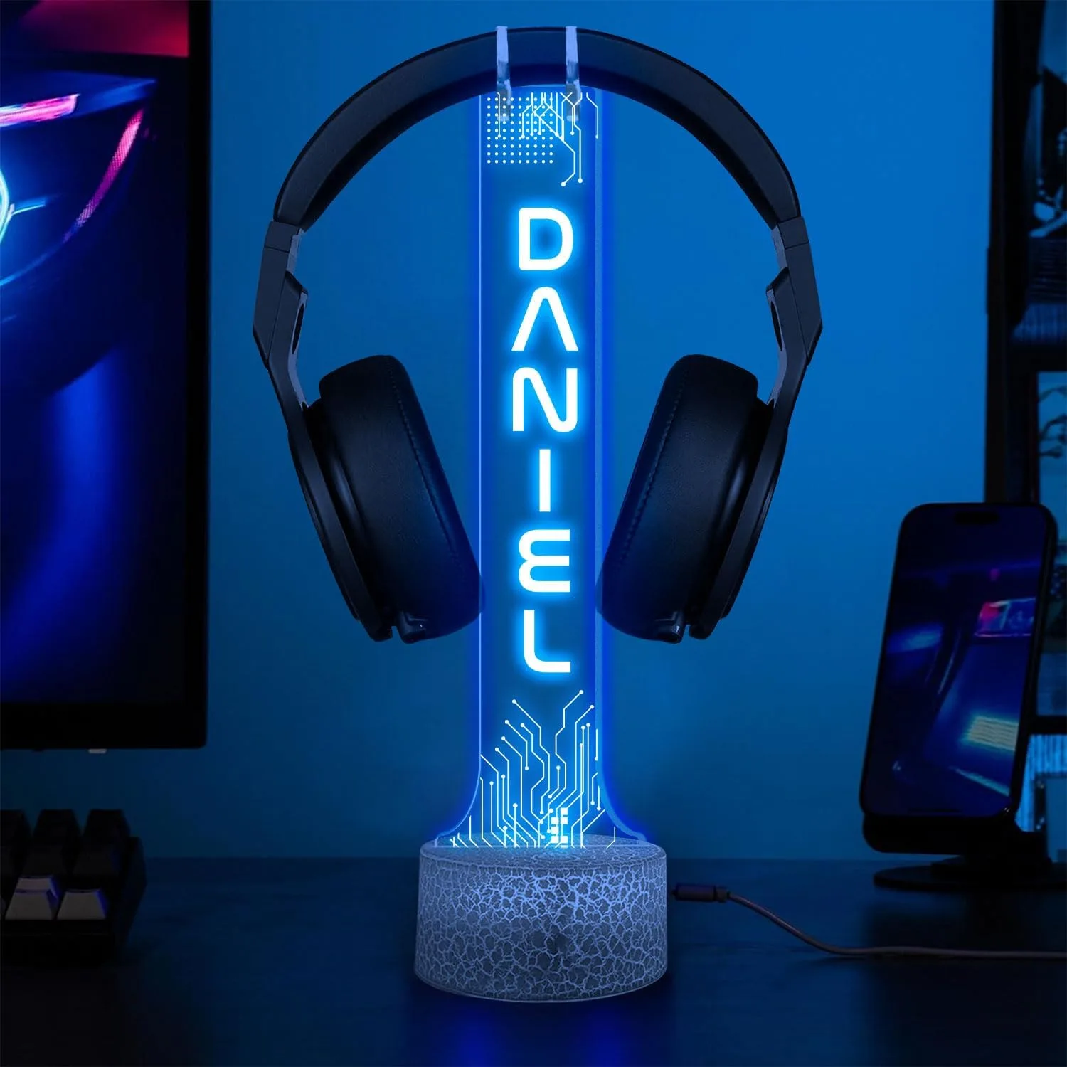 Custom Headphone Holder with RGB LED Lights, Personalized Headset Holder Engraved with Name, Gaming Desk Organizer, Gamer Room Decor, Gift for Boyfriend, Teen Gamer or Streamer