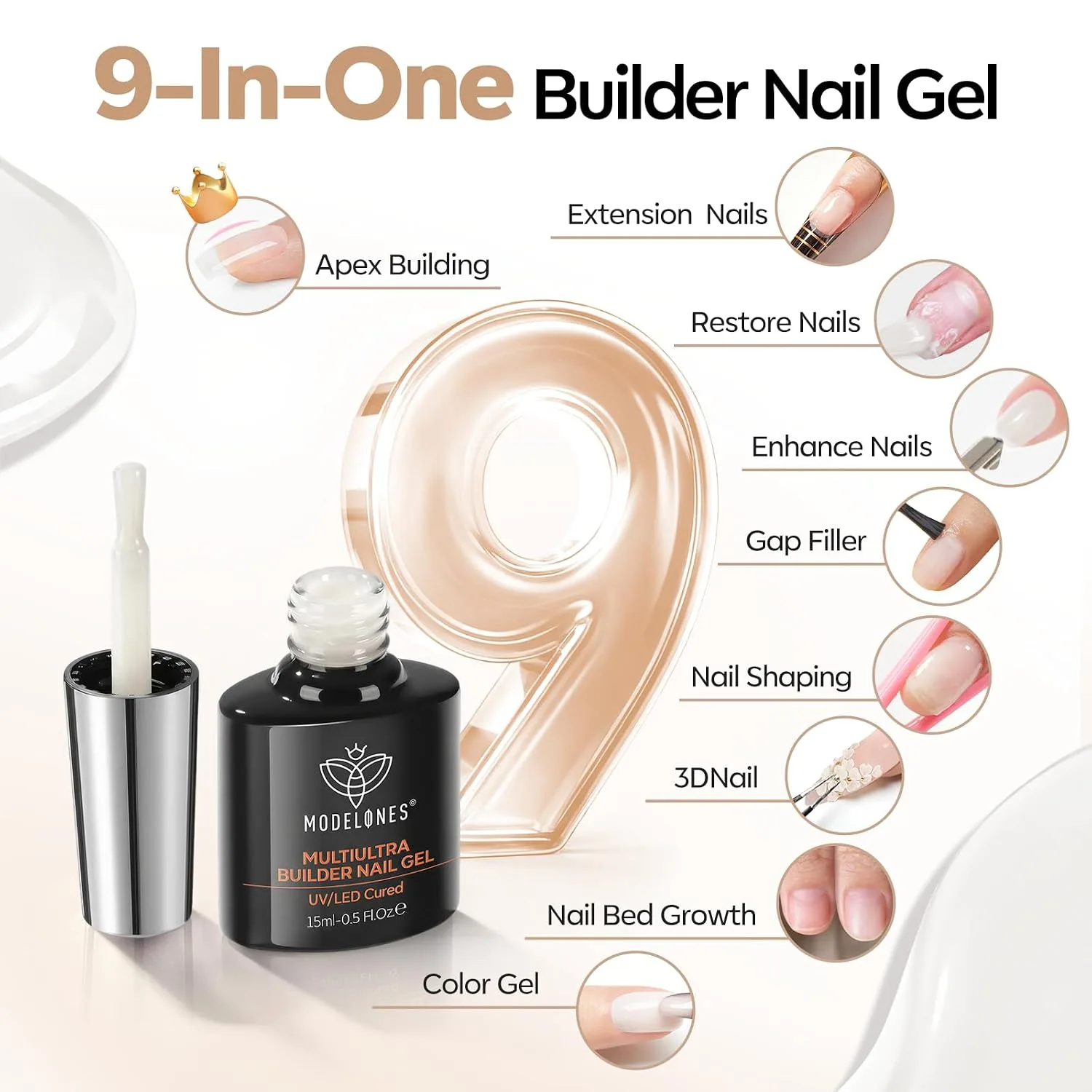 modelones Builder Nail Gel No-Wipe,9-in-One Milky White Builder