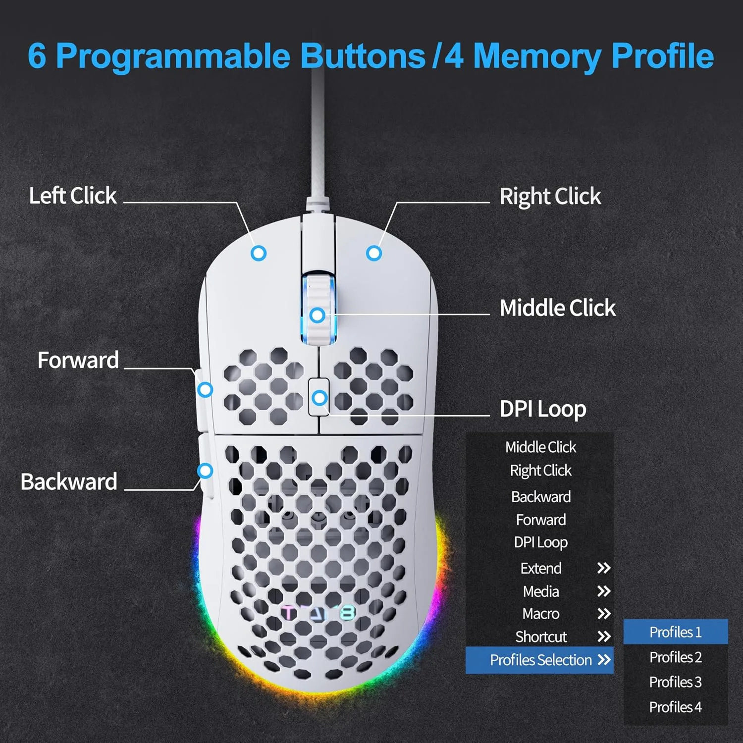 TMKB Falcon M1SE White Gaming Mouse, Wired, Lightweight Honeycomb, 12800DPI