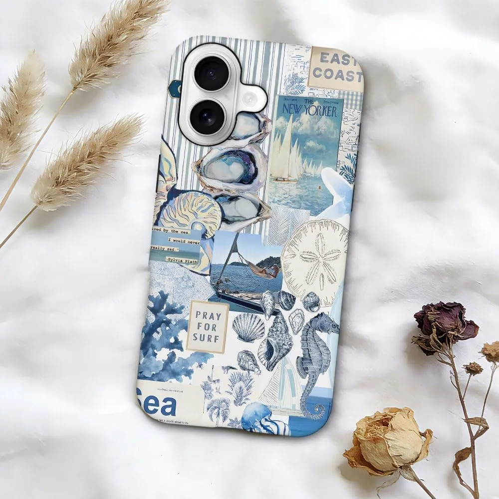 Case Compatible with iPhone 17,Fall Prevention Hybrid 2-Layer Hard Shell Phone Cover for Girls Boys,Seashell Ocean Blue Retro Collage