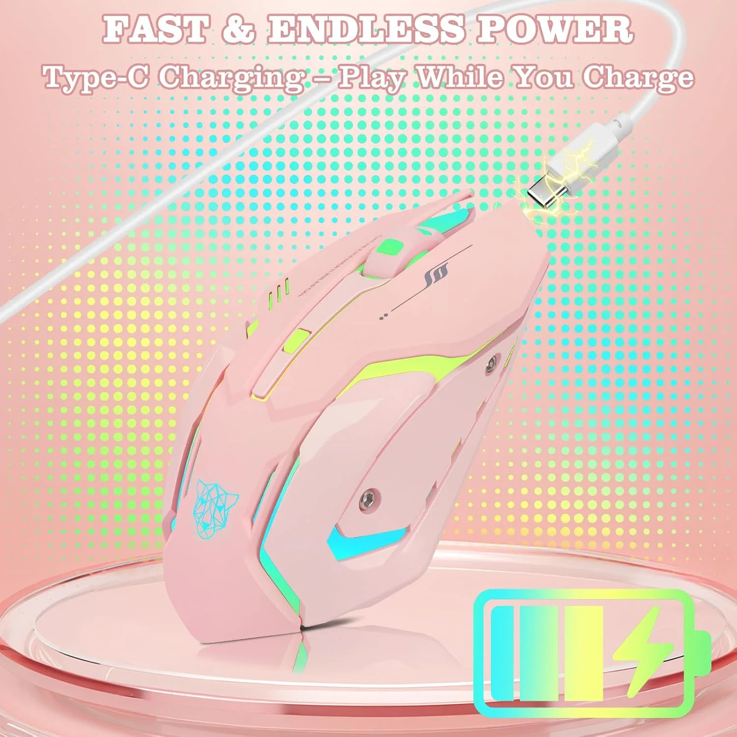 Wireless Gaming Mouse,Rechargeable Computer Mouse with Type-C Fast Charging, Ergonomic Mouse with 3 Adjustable DPI, 6 Silent Buttons, LED Light, Long Battery Life for Laptop, PC, Mac (Pink)
