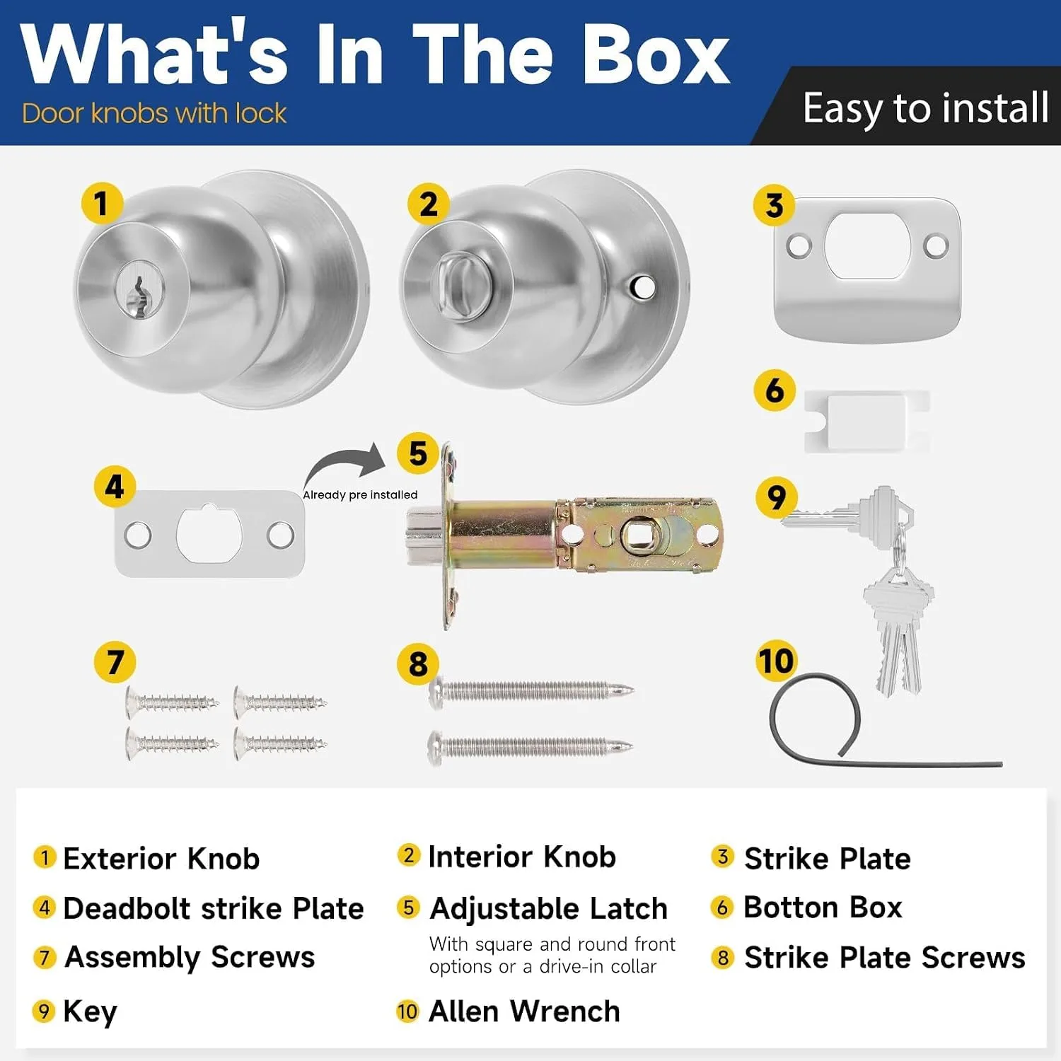 Keyed Entry Door Knob with Lock, Door Lock with Key, Satin Nickel
