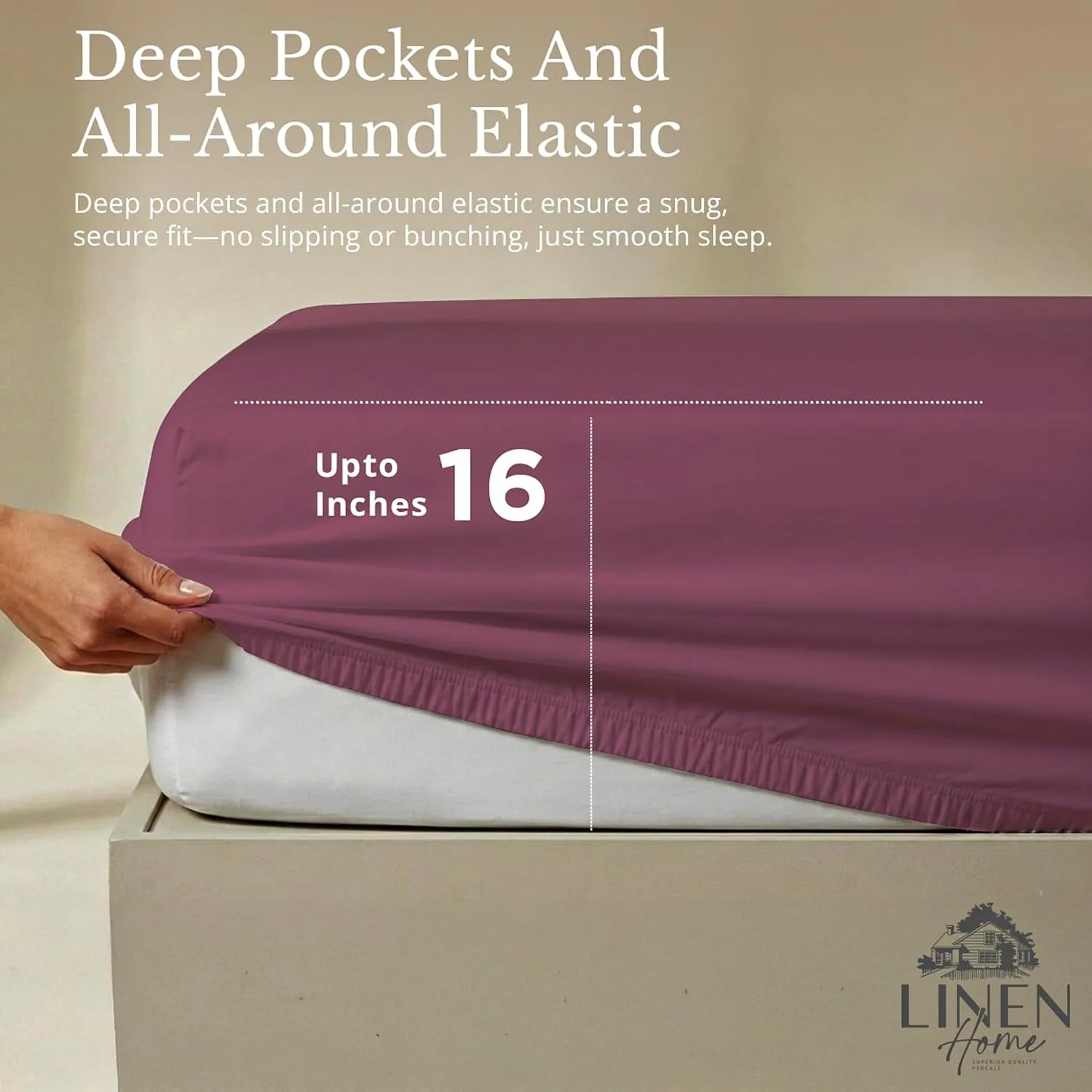 Linen Home 100% Cotton Percale King Sheets, 4Pc Cooling Set - Damson Berry