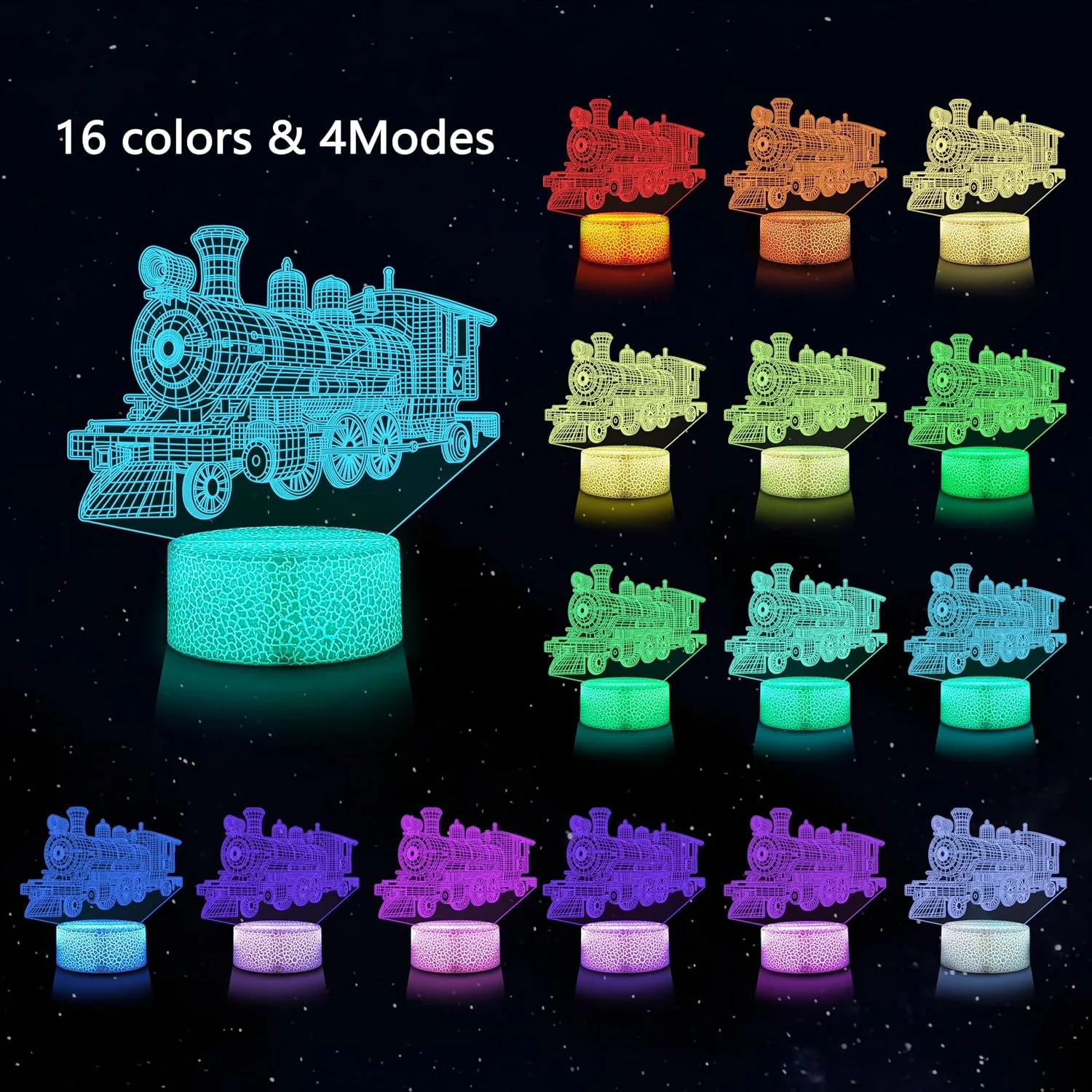 Boys Night Light with 3 Patterns, 3D Acrylic Train Illusion Lamp, Railway Themed Decor for Kids Ages 4-7, 16 Color Changing with Remote Control, Birthday & Holiday Gift for Train Fans
