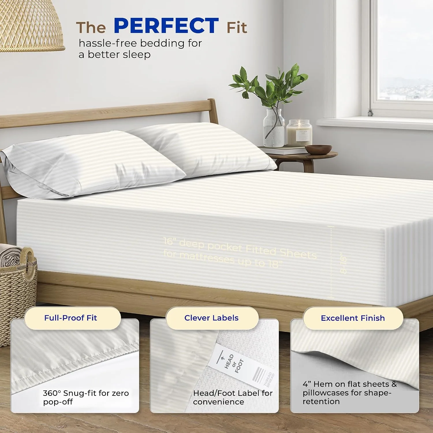 THREAD SPREAD Egyptian Cotton Sheets King Size - Luxury 600 Series King Size Sheets Set (4 PC, Ivory - Stripe), 16" Deep Pocket All Around Elastic, Soft, Cooling, Sateen, Durable Hotel Bed Sheet Sets