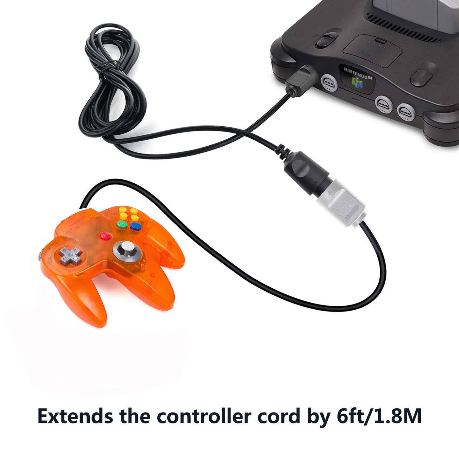 miadore 2-Pack Wired Classic 64 Controller Bundle with 2 Extension Cords [1.8m/6ft ] Compatible with N64 Video Game Console (Clear Orange and Green)