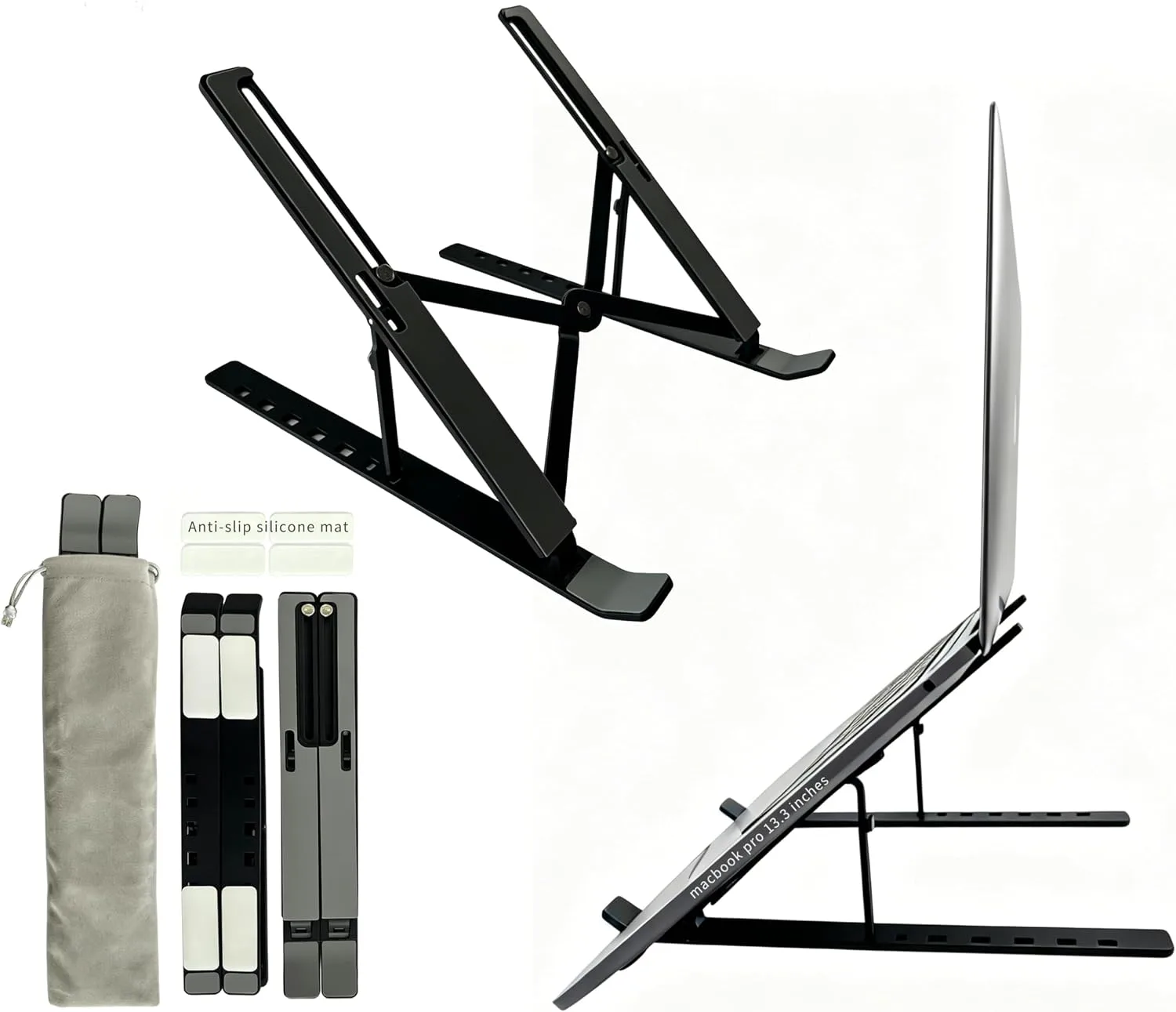 Desktop Laptop Stand, iPad Stand, Aluminum Alloy, Portable Foldable, 7Level Adjustable, Ergonomic, Suitable for Laptops Up to 18 Inches,Easily Put in Bag & use anywhere (1, Full silicone Black)