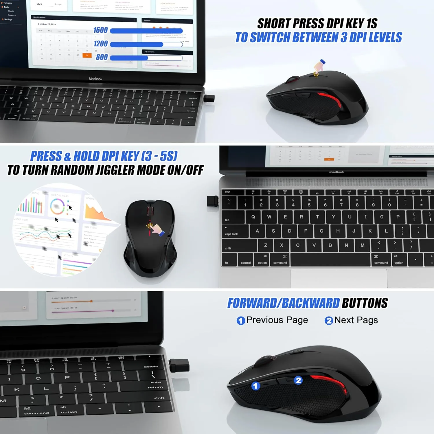 Wireless Bluetooth Mouse for Mac Pro MacBook Air, Rechargeable Mice with Jiggler Mouse, 3 Mode Switch Bluetooth 5.2/3.0 & 2.4G USB-A/USB-C Receiver, Optical Silent Mouse for iPad PC Laptop, Black
