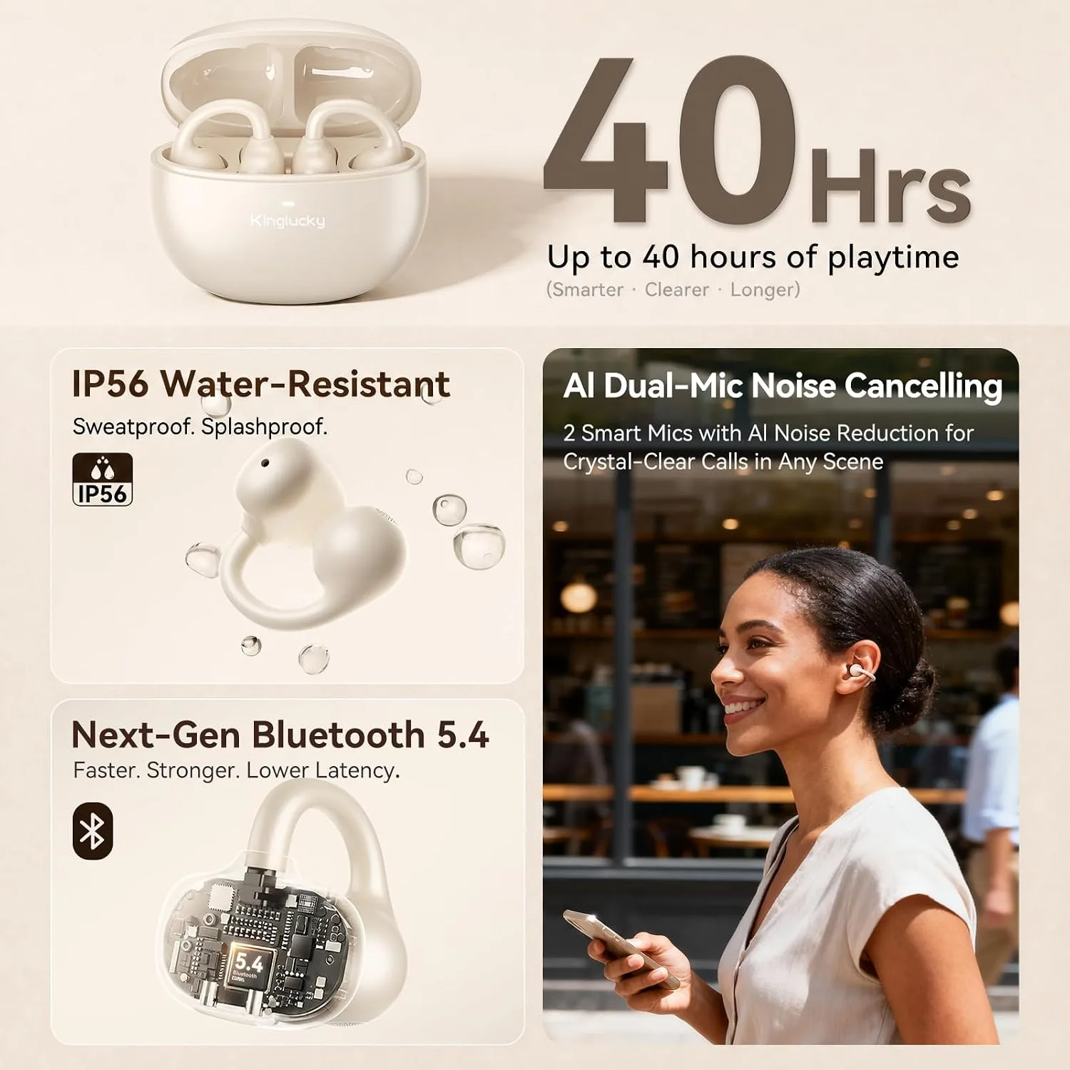 Kinglucky Upgraded Clip-On Earbuds Comfortable fit & Crystal-Clear Sound, 40H Playtime Open Ear Buds Bluetooth6.0 Wireless Headphones for Women Ideal for Small Ears,Sports,Workouts,Glasses White