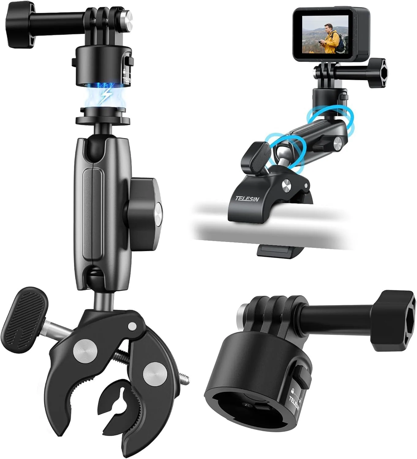 TELESIN S2 Quick Release Clamp Mount, Bike Motorcycle Handlebar Roll Bar Tube Clip Holder Attach Accessories for GoPro 13 12 11 10 9 8 Insta360 X5 X4 X3 GO3 Ace Pro 2 DJI Action 3 4 5 Pro Pocket 3