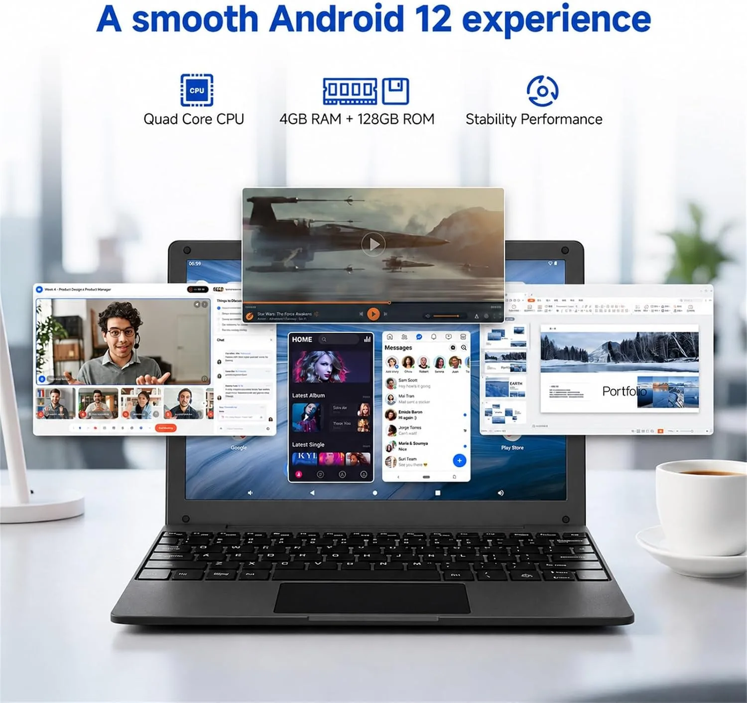10.1 Inch Mini Netbook, Quad-Core Processor Laptop Computer, 2GB Memory 64GB Storage Android 12 Portable Notebook Built-in Webcam, WiFi & Bluetooth Keyboard & Mouse for Home Schooling & Office Work