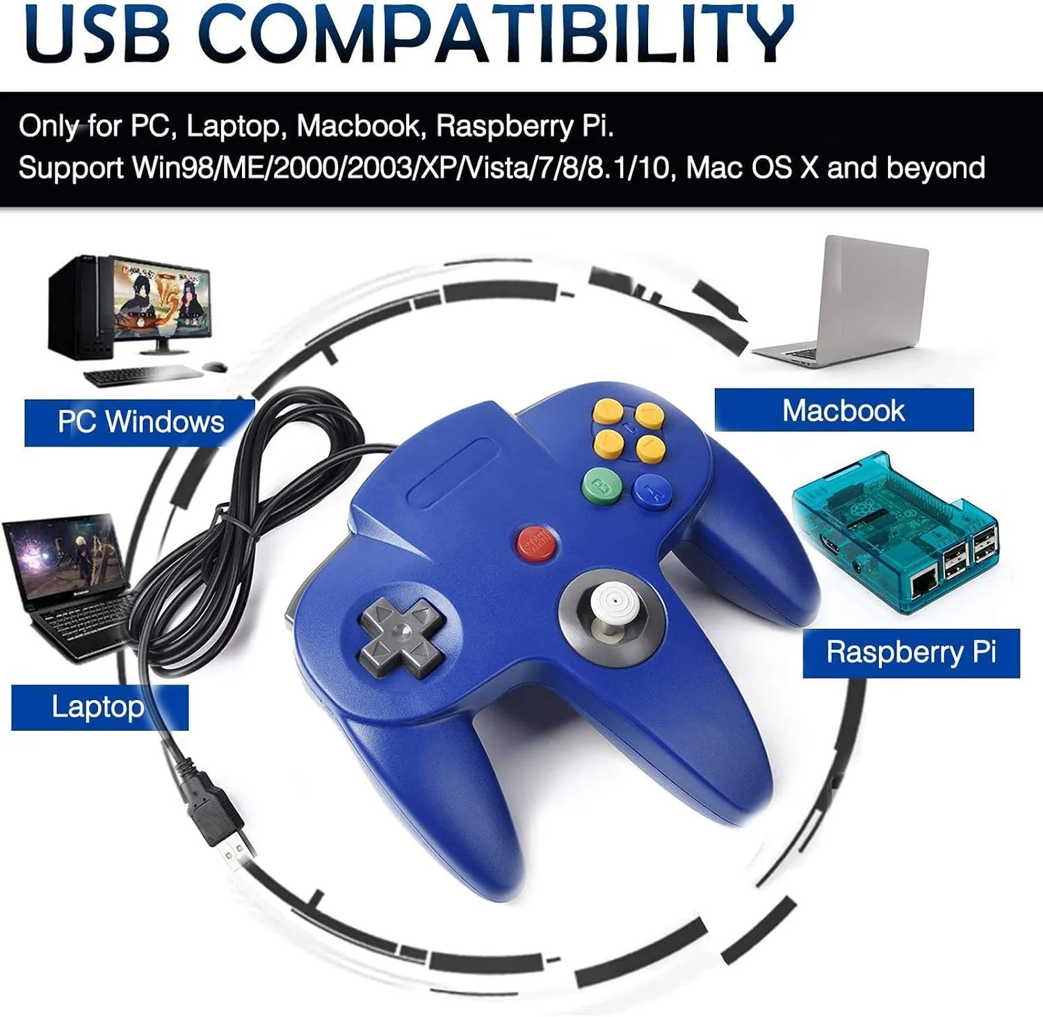 2 Pack Classic N64 Controller, miadore N64 Wired USB PC Game pad Joystick, N64 Bit USB Wired Game Stick Joy pad Controller for Windows PC MAC Linux Raspberry Pi 3 Sega Genesis (Clear Green/Blue)