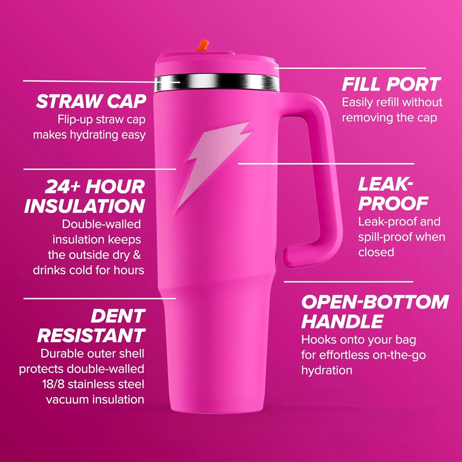 Gatorade Crossover Stainless Steel Tumbler Water Bottle, Pink, Double-Wall Insulation, 36 fl oz