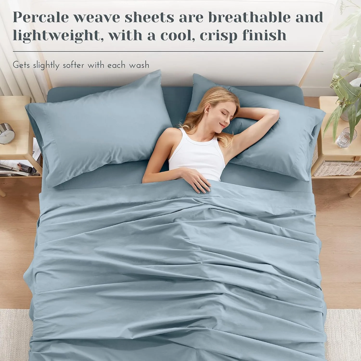 Comfort Spaces 100% Cotton Percale Sheets Twin Sheet Set 3 Pcs, Blue